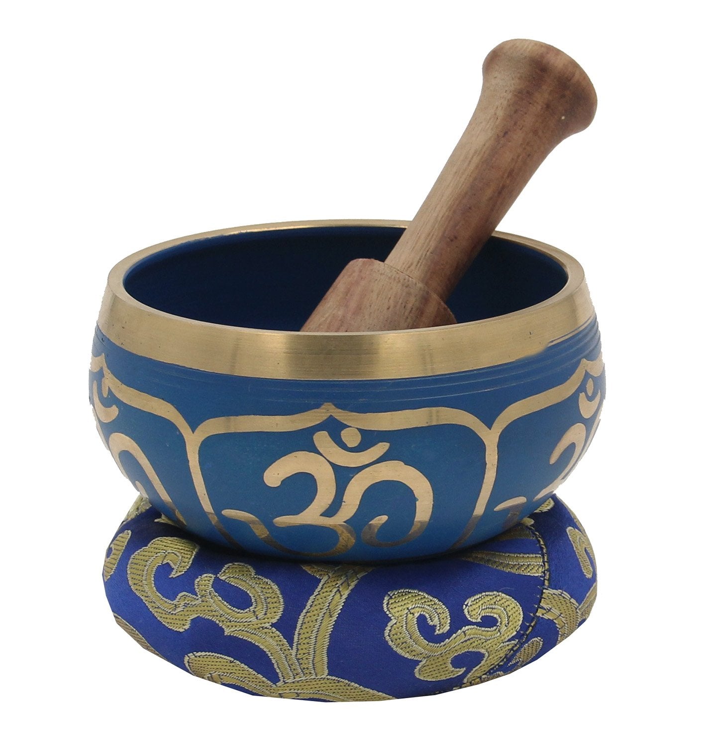 DharmaObjects® Tibetan Blue Yoga Meditation OM Singing Bowl Mallet Cushion Box Gift Set (Navy Blue)