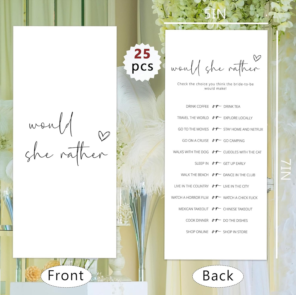 Bridal Shower Games, Would She Rather, 25Pcs 4x9inch Minimalist White Double-Sided Bridal Game Cards, Wedding Shower Games for Guests, Engagement Bachelorette Party Supplies - A15