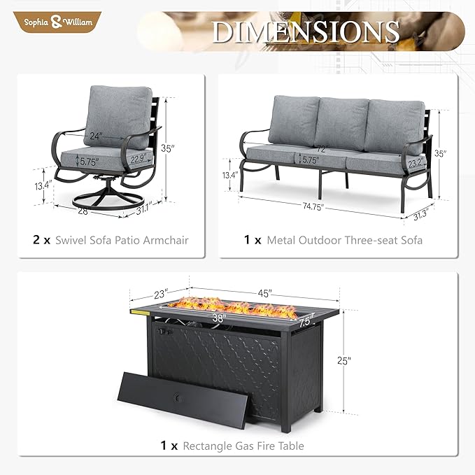Sophia & William Patio Furniture Sets with 45" Gas Fire Pit Table Outdoor Metal Conversation Sets for 5, 2 x Swivel Cushioned Patio Sofa Chairs, 1 x 3-Seat Sofa 4 Pieces for Lawn Backyard Grey