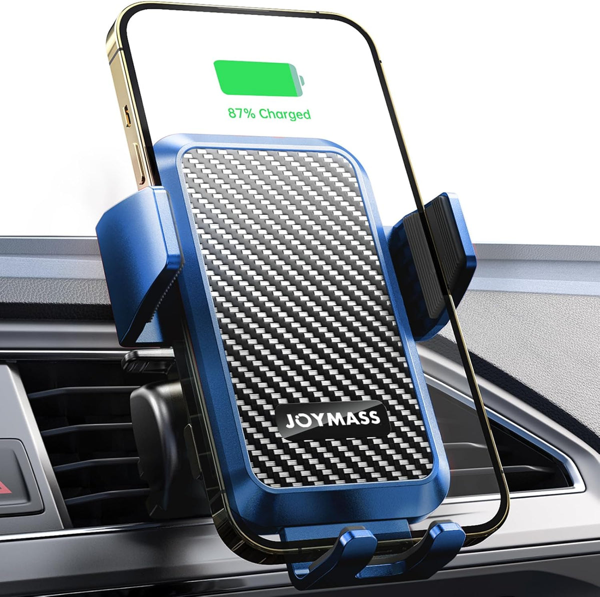 Wireless Car Charger, JOYMASS 15W Fast Charging Auto Clamping Car Charger Cell Phone Holder Mount Vent for iPhone 15 14 13 12 Mini Pro Max, Samsung Galaxy S24 Ultra S23 S22 S21+ Note 20, etc - Blue