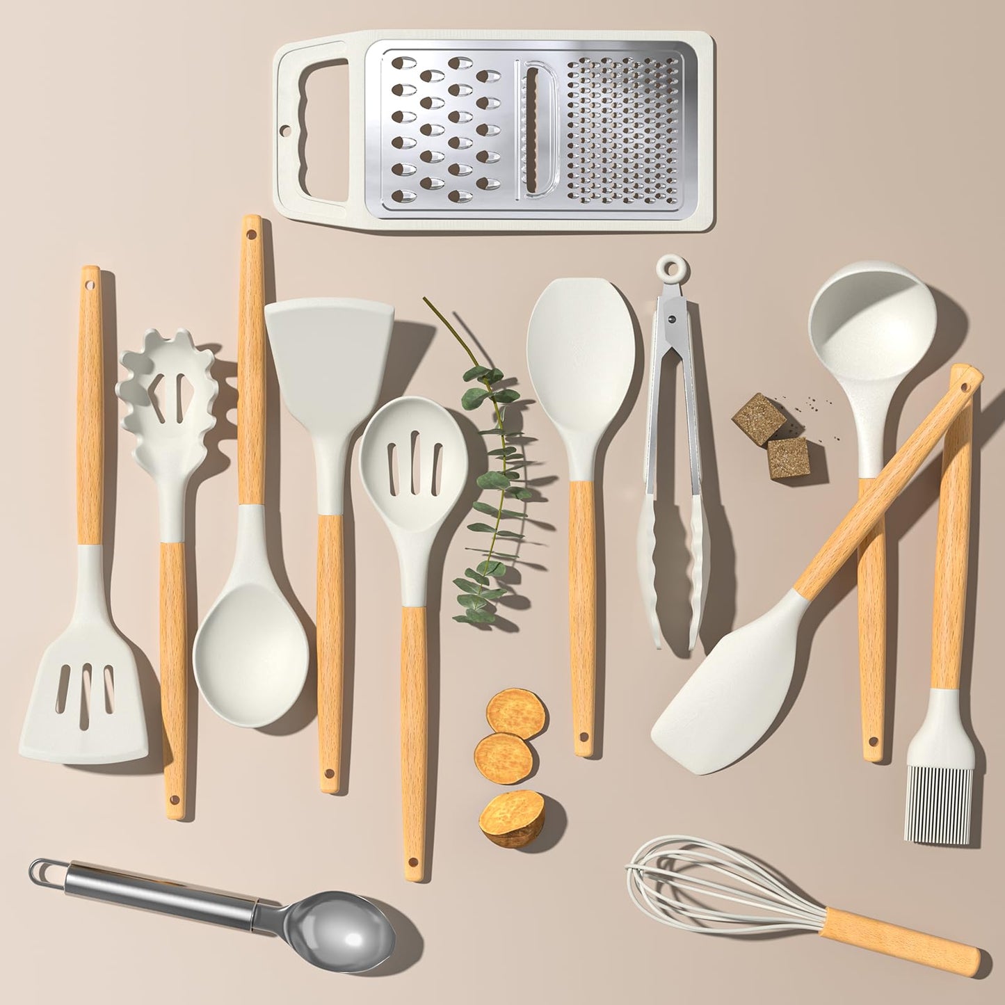 Umite Chef Silicone Kitchen Utensil Set, 34PCS Heat Resistant Kitchen Gadgets and Tools With Grater, Cream White Wood Handles for Nonstick Cookware