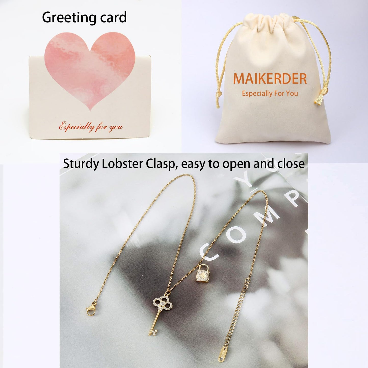 MAIKERDER Key Necklace, 14K Gold Plated Key Necklaces for Women Non Tarnish 16 Inches