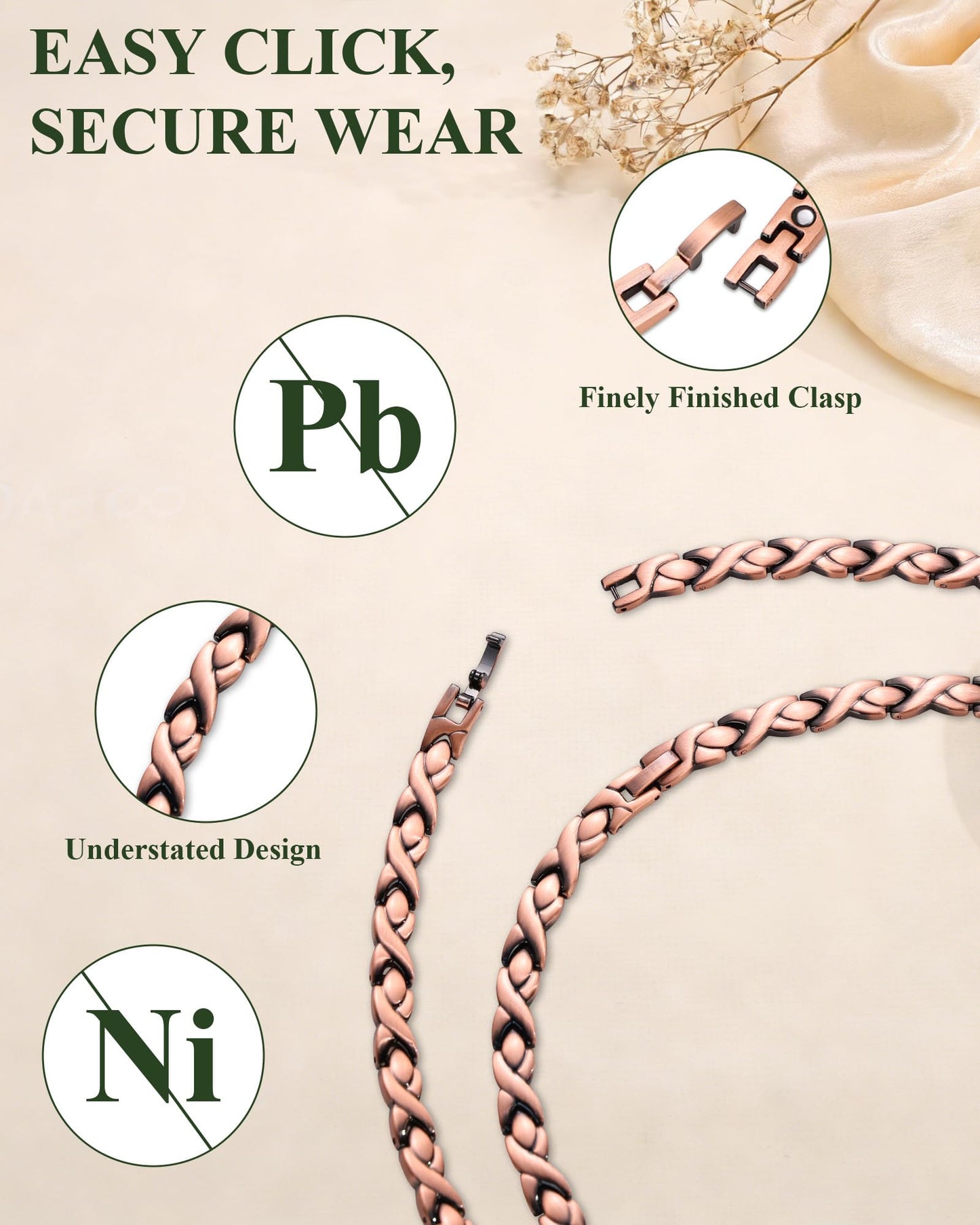 Fashtour Copper Necklace for Men Women, 99.99% Pure Copper Magnetic Chains Necklace with 3500 Gauss Ultra Strength Neodymium Magnets, Adjustable Jewelry Gift with Sizing Tool (Copper 006)