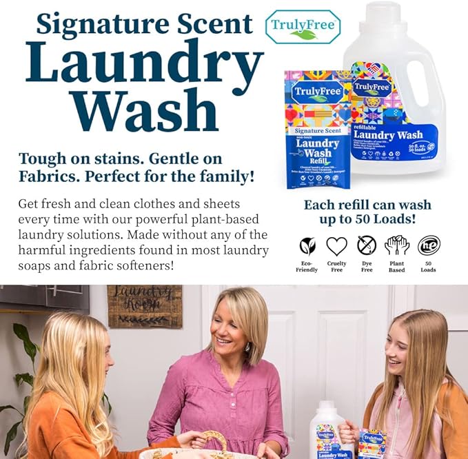 Truly Free Natural Laundry Detergent for Sensitive Skin | Eco Friendly, Plant Based, Baby Clothes Safe | Clean & Easy Powder to Liquid, 5 Pack Detergent + 1 Refillable Jug | Signature Scent 250 Loads
