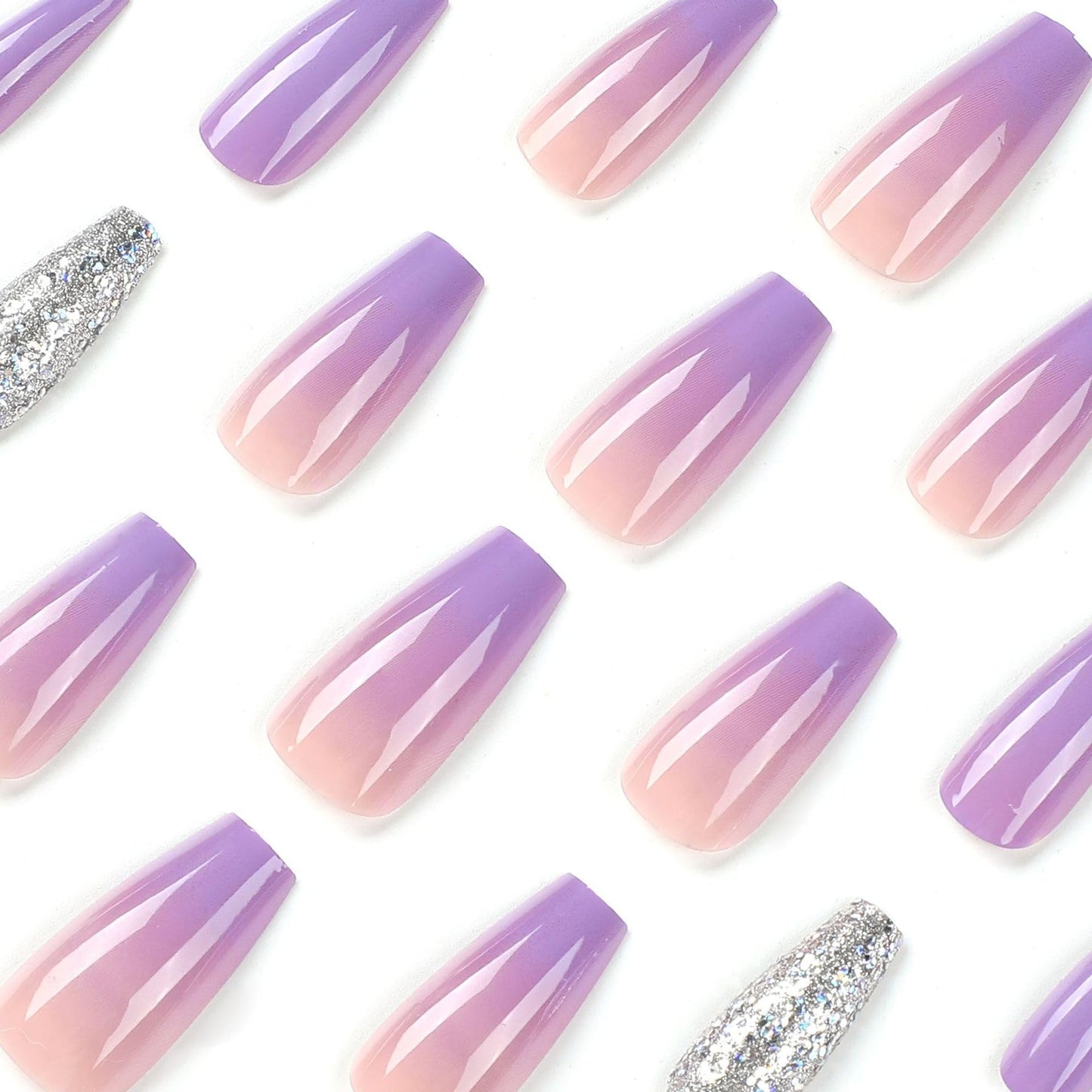 SWEKKE Medium Coffin Purple French Gradient Full Cover False Nails with Glitter Designs - Reusable Artificial Acrylic Glossy Glue on Nails for Women's Manicure