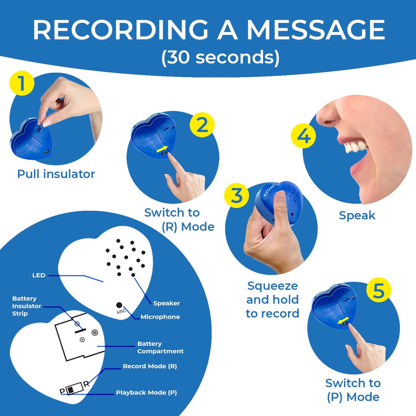 EZSound Voice Recorder for Teddy Bear | 30 sec Voice Box for Stuffed Animal | Personal Recordable Button | Custom Build a Bear Heart for Plush, Gifts, Messages, Kids | Music Sound Module with Speaker
