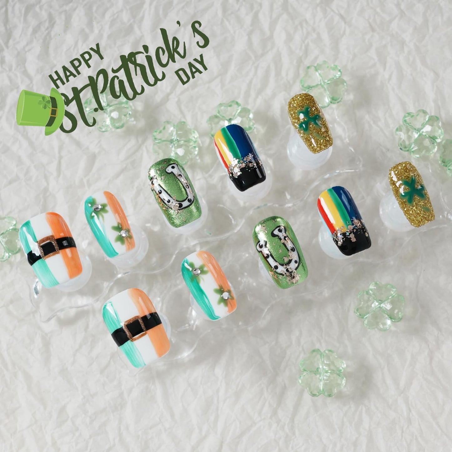 Tesytto Medium Square Press on Nails - Irish Flag Green White Orange Nails with Lucky Shamrock & Belt Design, Rainbow & 3D Gold Glitter Spring Summer Fake Nails (Size M)