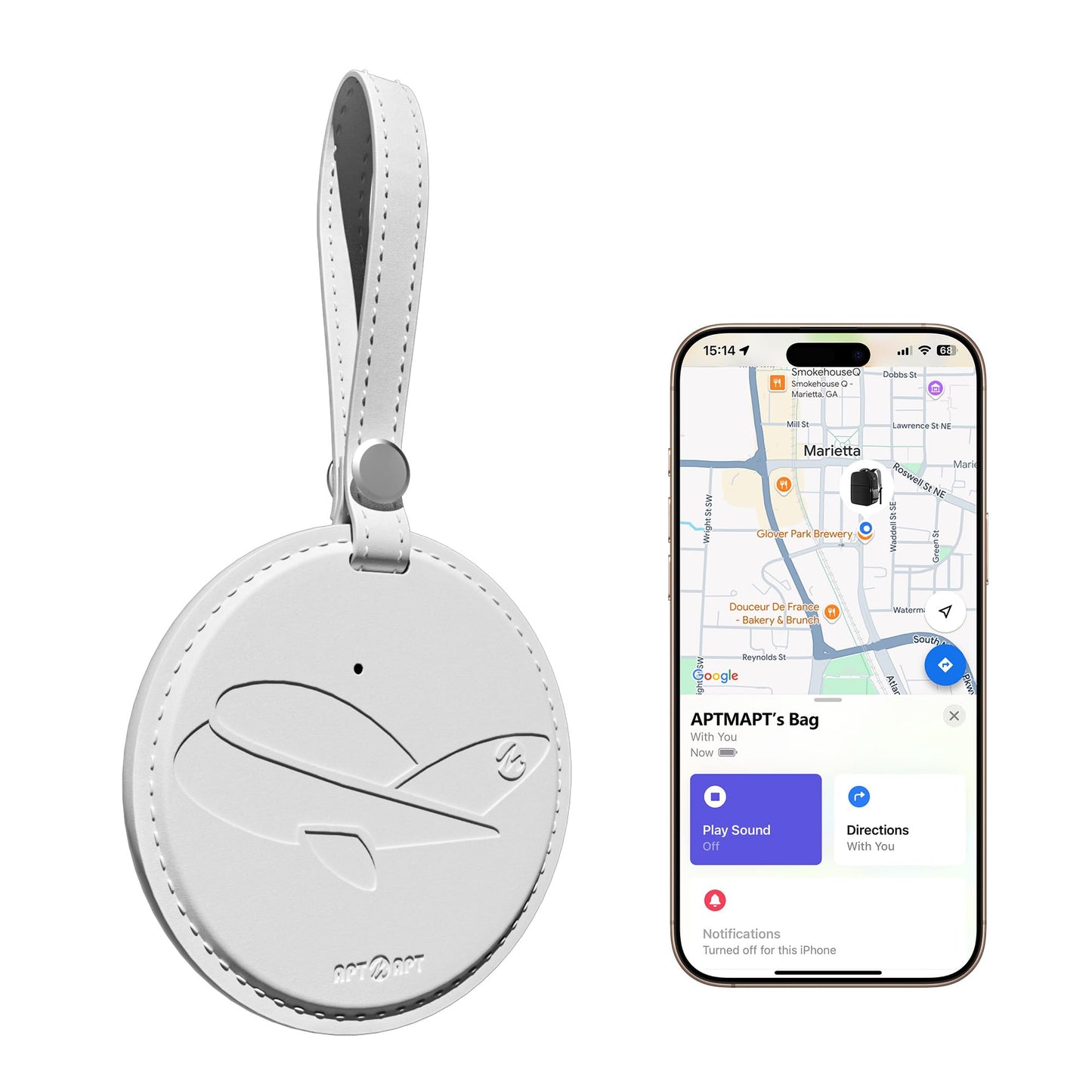 APTMAPT Smart Luggage Tag Works with Apple Find My, Premium Leather Suitcase Tracker with 2 ID Labels, TSA-Friendly, Anti-Lost Travel Essentials for Bags Backpacks, Wireless Charging, White