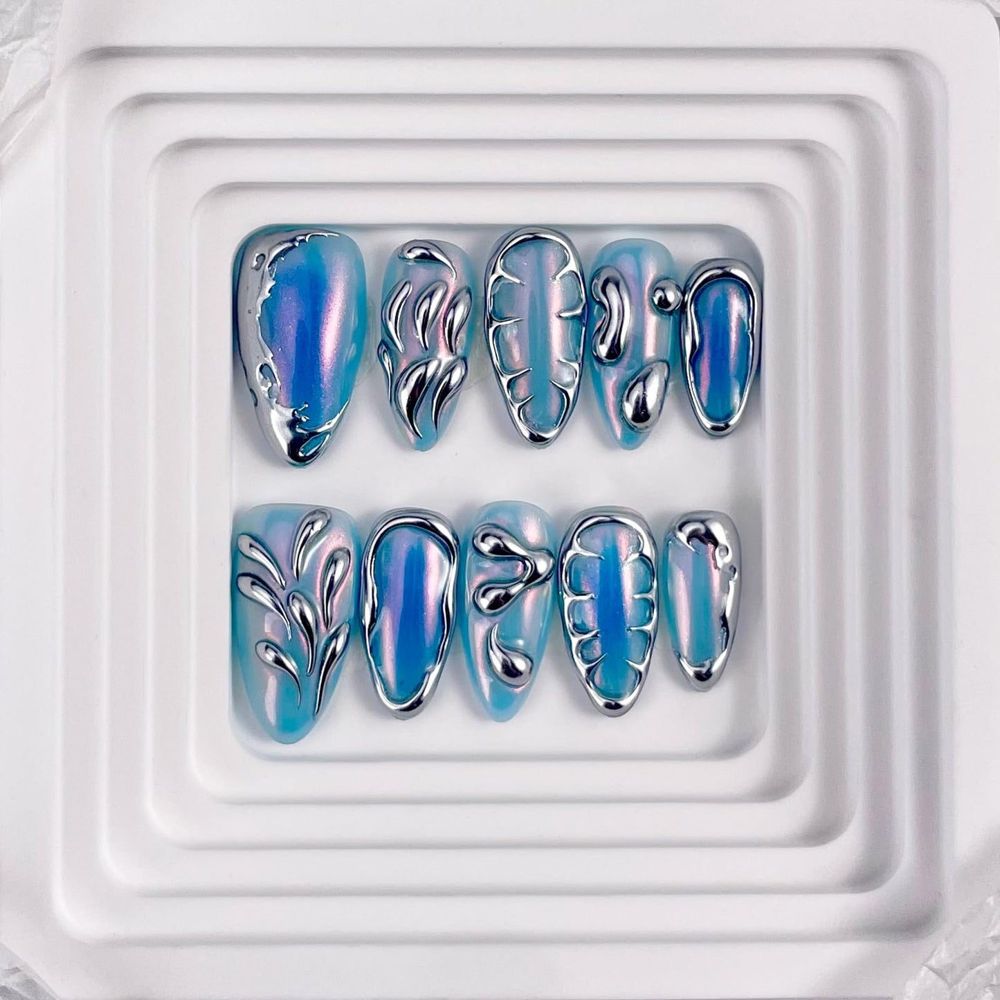 RDNTBEU Press on Nails Blue Ombre Medium Almond 3D Fake Nails Reusable Luxury Handmade False Nails with Design Solid Chrome,Press ons Muti-Layer Gel Handmade Nails for Wome Manicure(Size L)