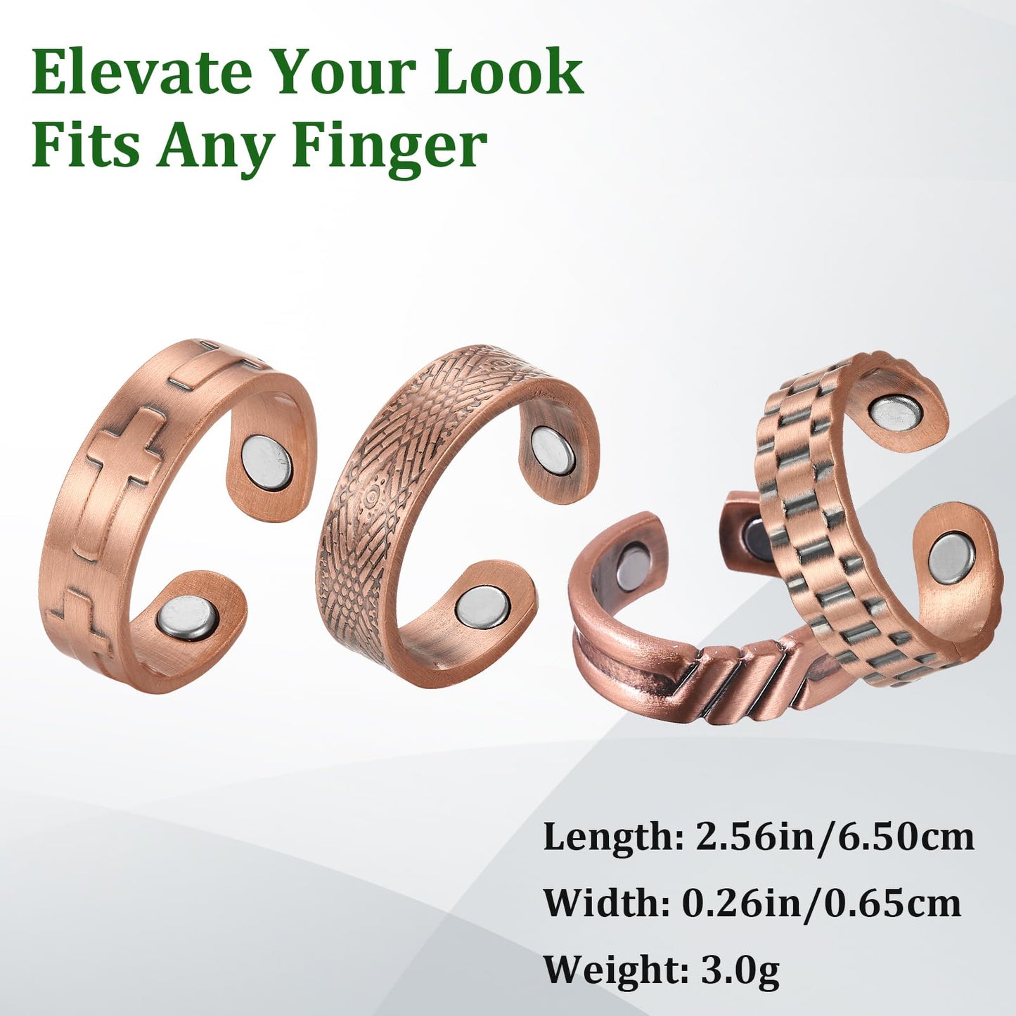 Fashtour 4 Copper Rings for Men, 99.99% Solid Pure Copper, 4pcs 3500 Gauss #9 Rings, Vintage & Cross Pattern Adjustable Cuff Ring