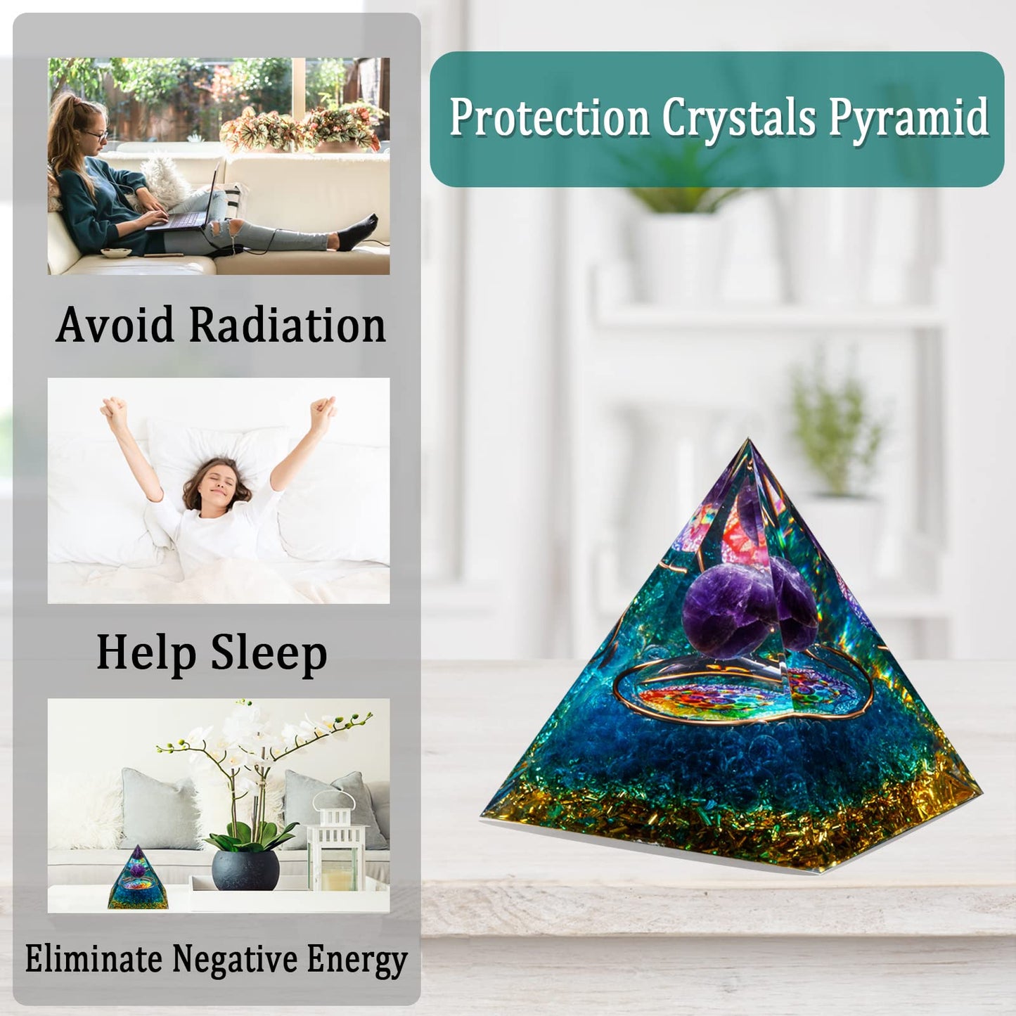 Orgone Pyramid, Amethyst Healing Crystal Pyramid and Orgonite Healing Stones, Protection Crystal Energy Generator for Yoga, Meditation, Stress Reduce