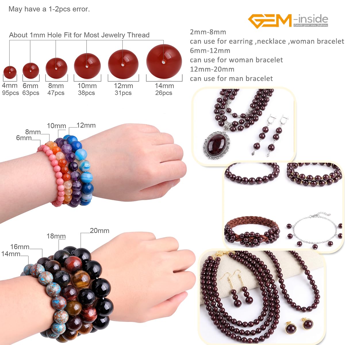 GEM-Inside Natural 8mm Dark Red Garnet Gemstone Smooth Round Stone Loose Beads Crystal Energy Stone Power for Jewelry Making 15"