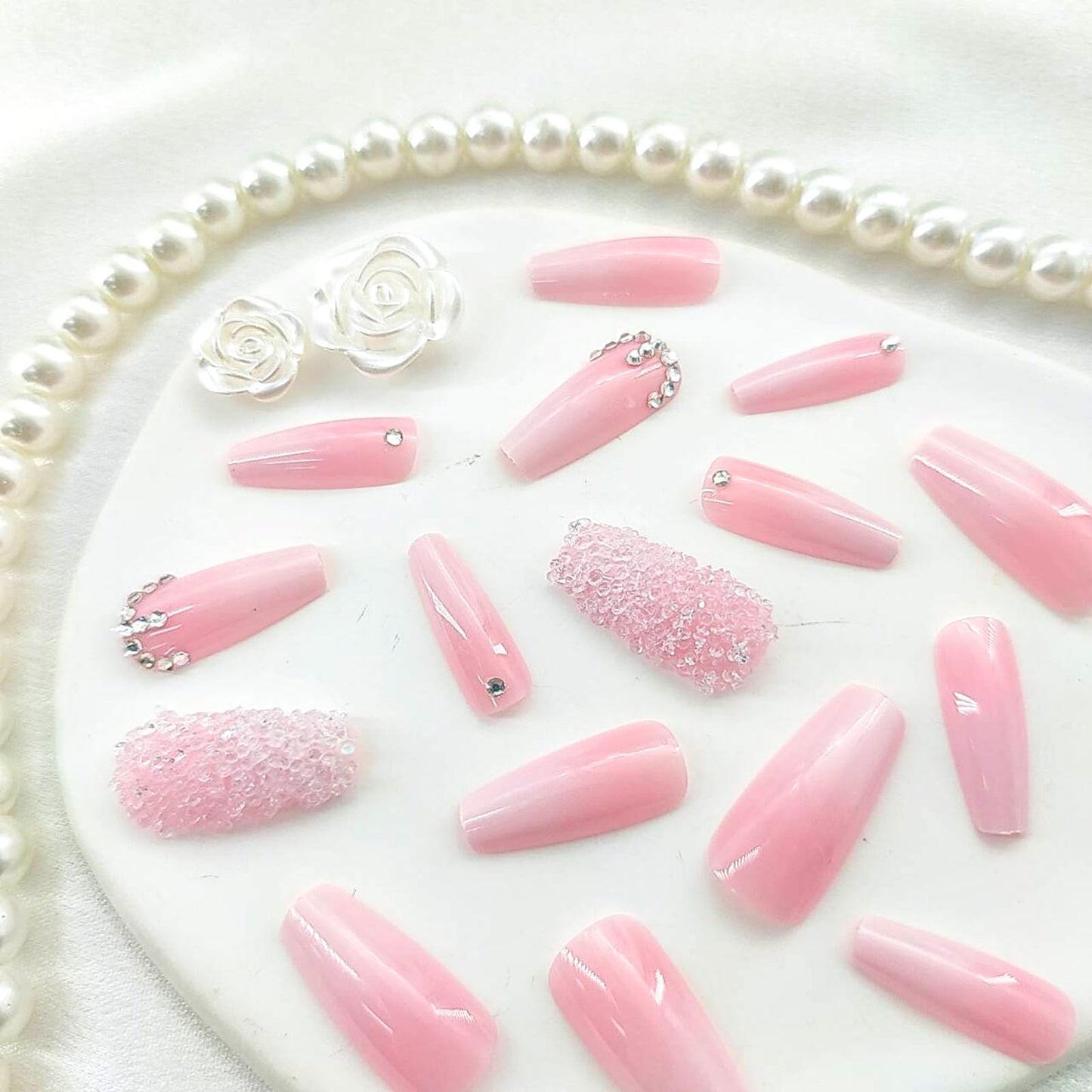 Coffin Press on Nails Medium Fake Nails with Rhinestones Gradient Designs Full Cover Nails Press ons Glossy Glue on Nails Pink Acrylic Nails White False Nails Cute Stick on Nails Women 24Pcs