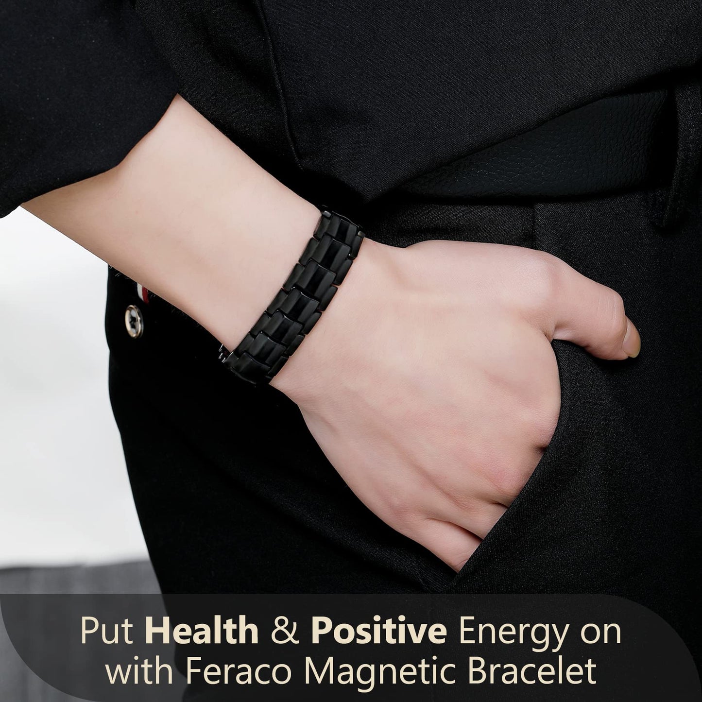 Feraco Magnetic Bracelet for Men Titanium Steel Bracelets with Double Row Magnets Adjustable (Black)