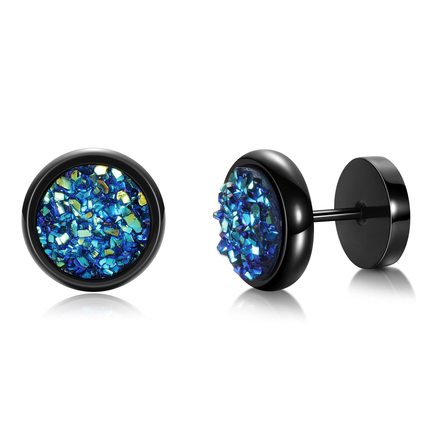 Druzy Glitter Cheater Titanium Earrings Screw Flat Back Earrings Studs Hypoallergenic for Sensitive Ears, Titanium, sand glitter