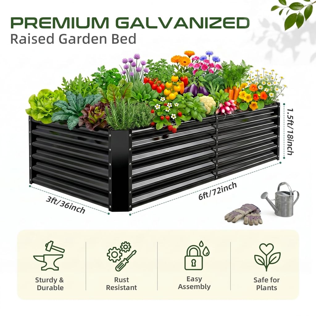 AHEONLAR 2 Pack Galvanized Raised Garden Beds Outdoor, Rectangle Metal Planter Boxes for Vegetables, Flowers and Plants, Durable Garden Bed Kit with Easy Assembly, Black