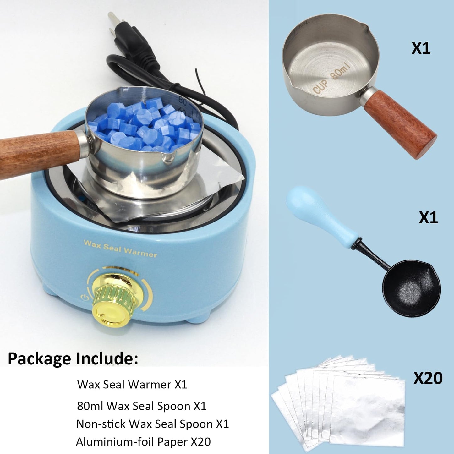 Andotopee Electric Wax Seal Warmer and Spoon Kit with 80ml Spoon, Non-Stick Sealing Wax Spoon, Tinfoil for Fast Melting Beads and Sticks - Sealing Melting Furnace Set for Stamp Seals Craft, Blue