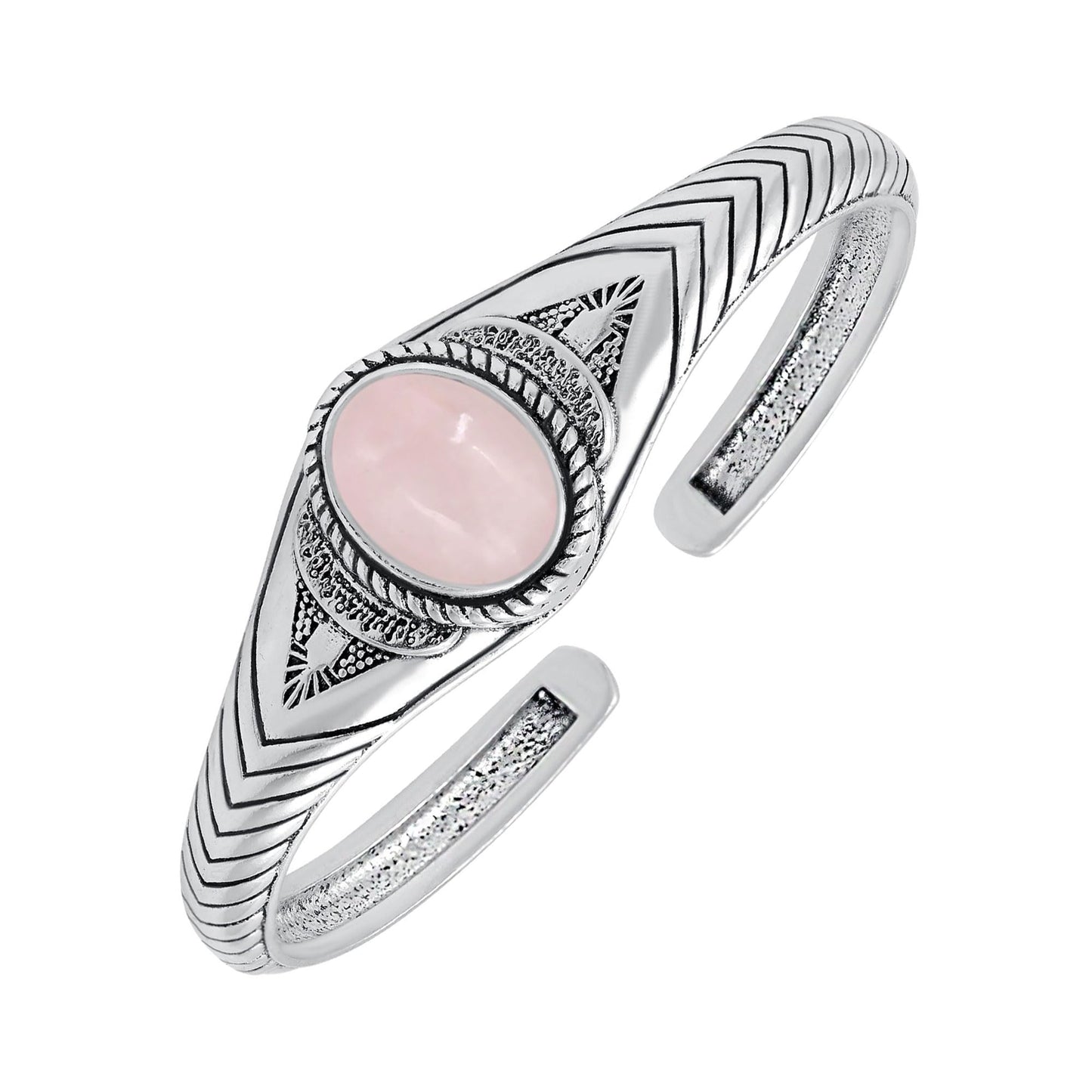 Rose Quartz Cuff Bangle Bracelet for Men Women – Handmade 925 Silver Plated Adjustable Boho Jewelry – Natural Gemstone Janaury Birthstone Statement Bangle – Bohemian Elegant Gift for Him Her