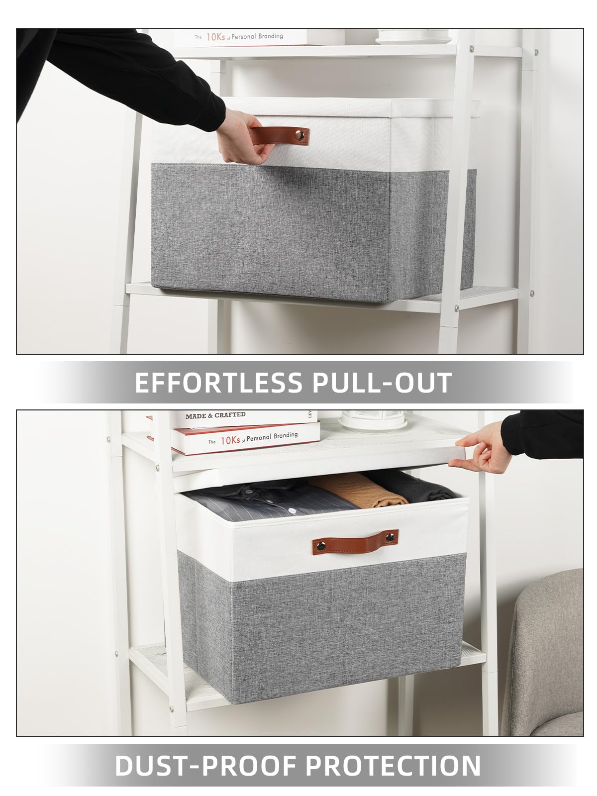 DULLEMELO Fabric Storage Bins with Lid, Set of 2 Large Decorative Storage Boxes for Shelves with Leather Handles, Foldable Storage Baskets for Closet (White&Grey, 17" L x 12" W x 12" H)