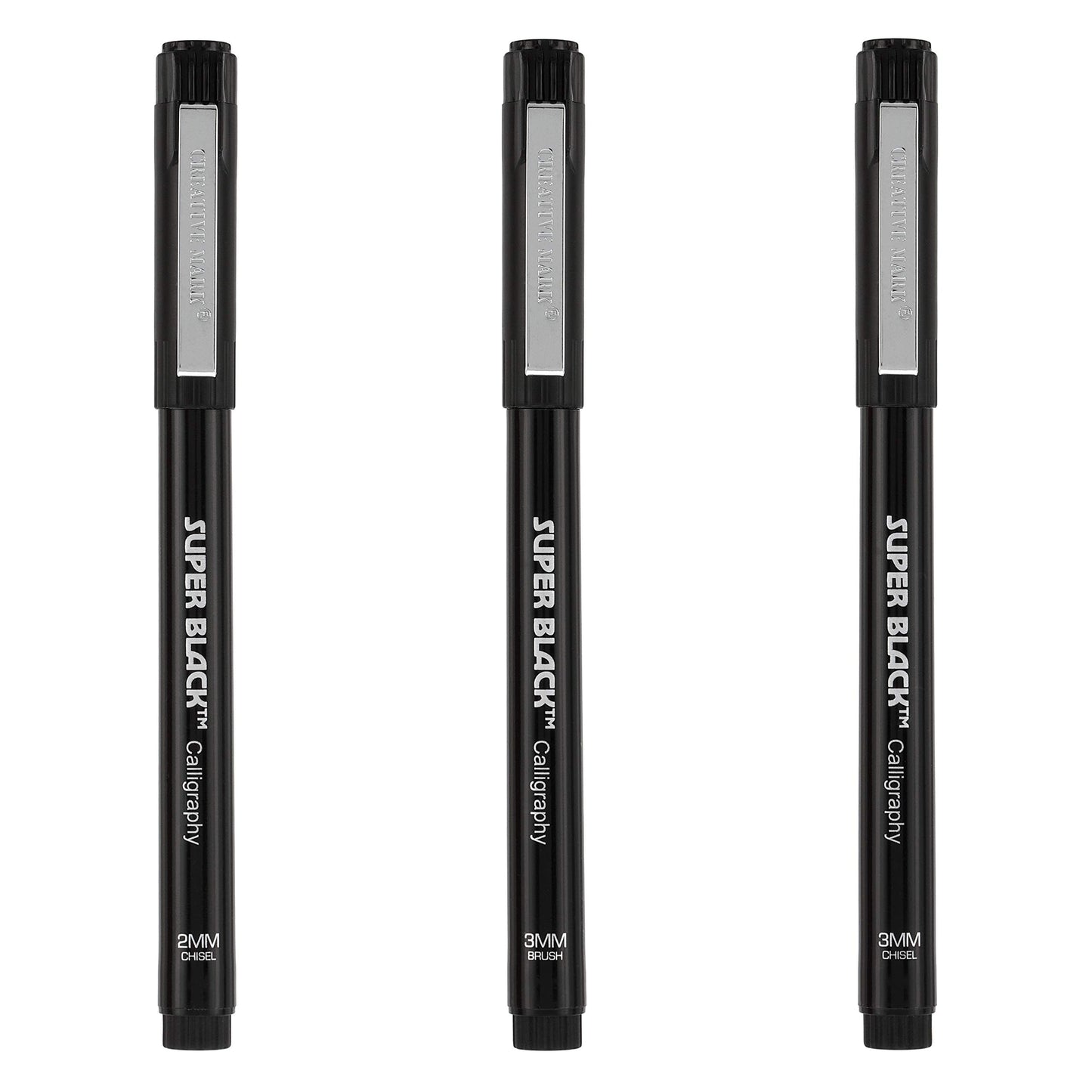 Creative Mark Calligraphy & Fineliner Pen Set of 3 Lettering & Calligraphy Drawing - Super Black, Permanent, Waterproof, & Acid-Free Chisel Nylon-Nibs Pens & Medium Brush Tip