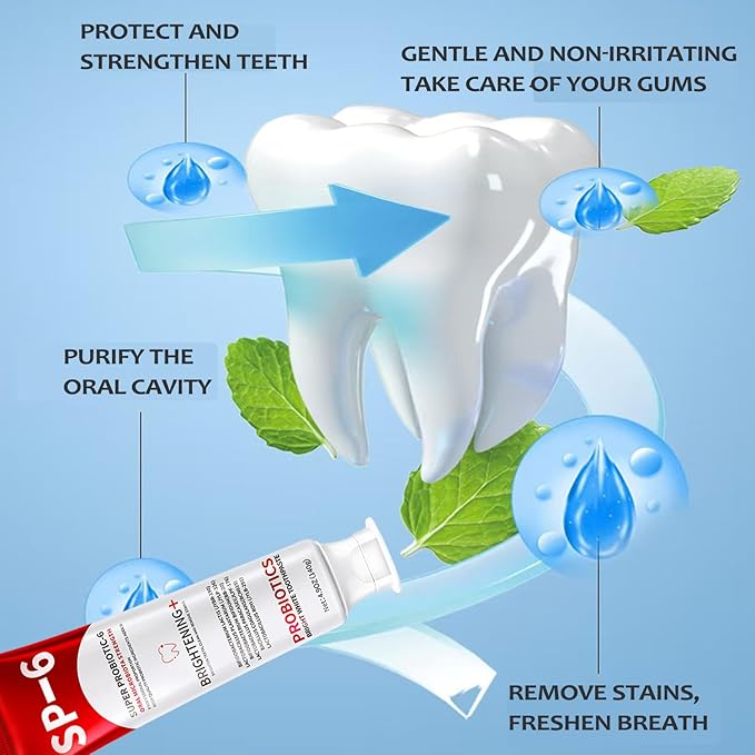 SP-6 Probiotics Whitening Toothpaste, 2 PCS 6 Probiotics Enhanced Formula Brightening Toothpastes for Teeth Whitening and Gum Health, Fluoride-Free, Fresh Breath with Mint Flavor (2 PCS)
