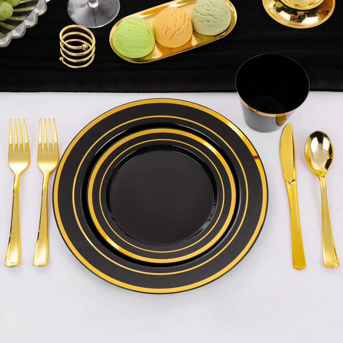 WELLIFE 450 PCS Black and Gold Disposable Dinnerware Set for 75 Guests, Plastic Plates for Party, Gold rimmed Dinner Salad Plates,Cups,Silverware Set for Halloween Party and Celebration