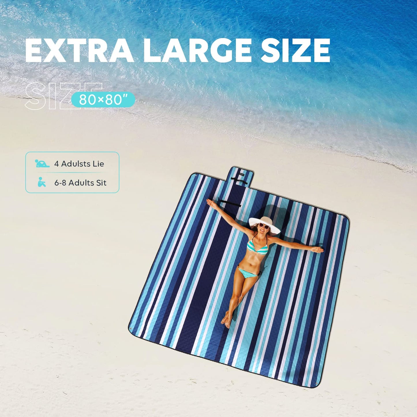 ZAZE Picnic Blankets Beach Blanket, 80''x80'' Extra Large Thick 3-Layers, Sandproof Machine Washable Waterproof Foldable Oversized XL Outdoor Mat, for Camping, Park, Travel, Grass(Blue White Stripe)