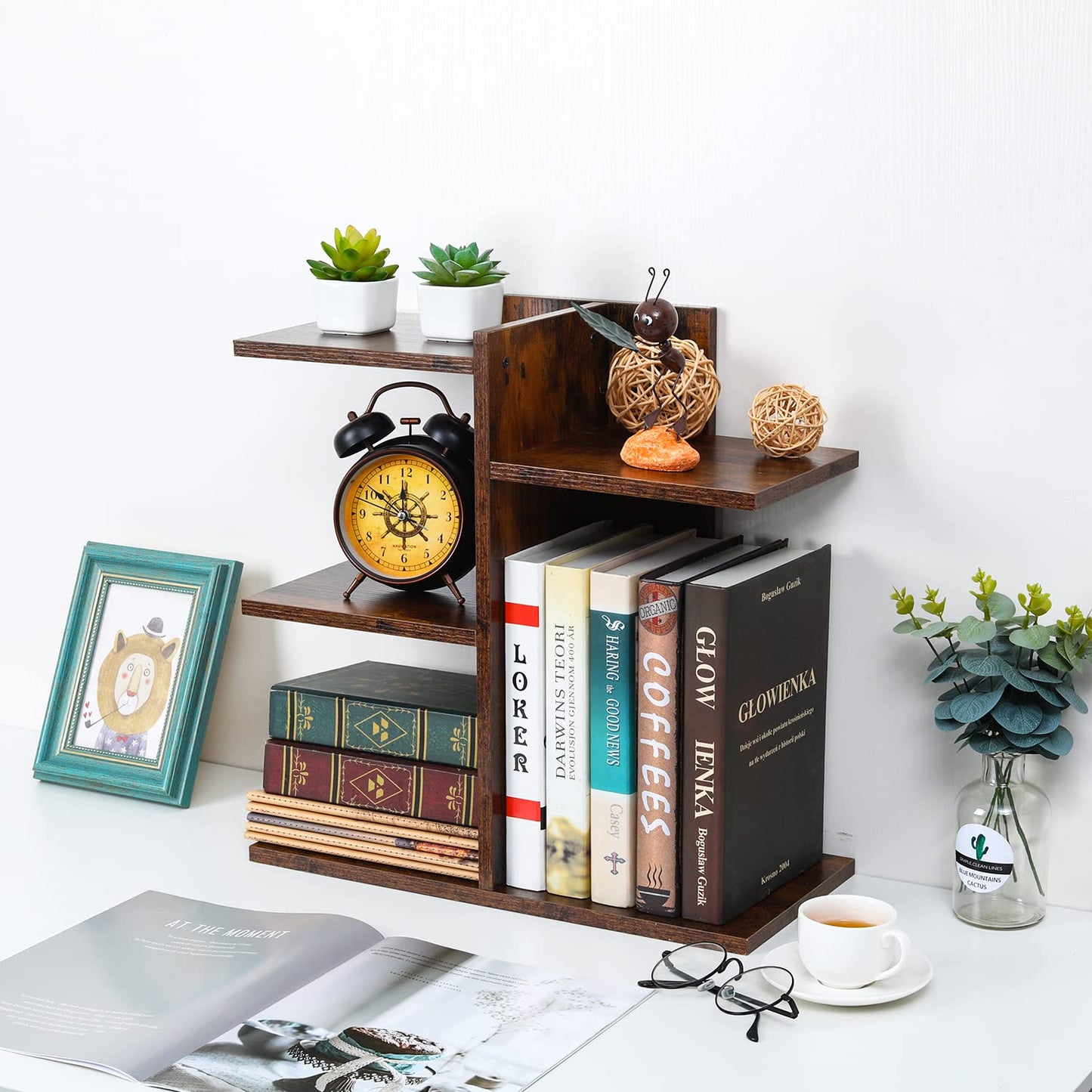 PAG Wood Desktop Shelf Small Bookshelf Desk Supplies Organizers and Accessories Storage Display Rack Office Decor for Women, Antique Brown