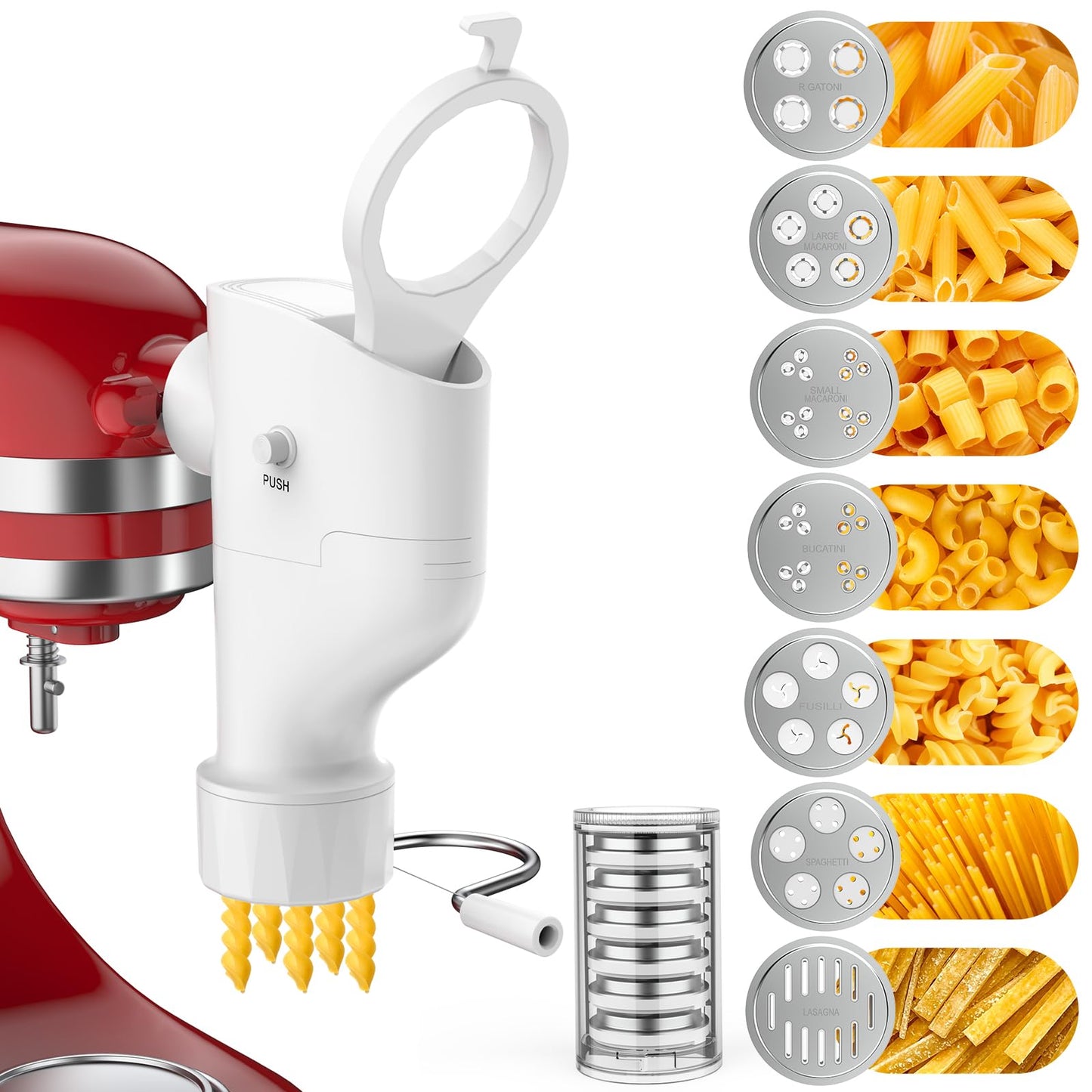 Pasta Maker Attachment for KitchenAid Stand Mixer, 7 Interchangeable Pasta Plates, Makes Spaghetti, Fusilli, Macaroni, Bucatini & Rigatoni, New Buckle Design Pasta Press with Storage Case by Fedowal