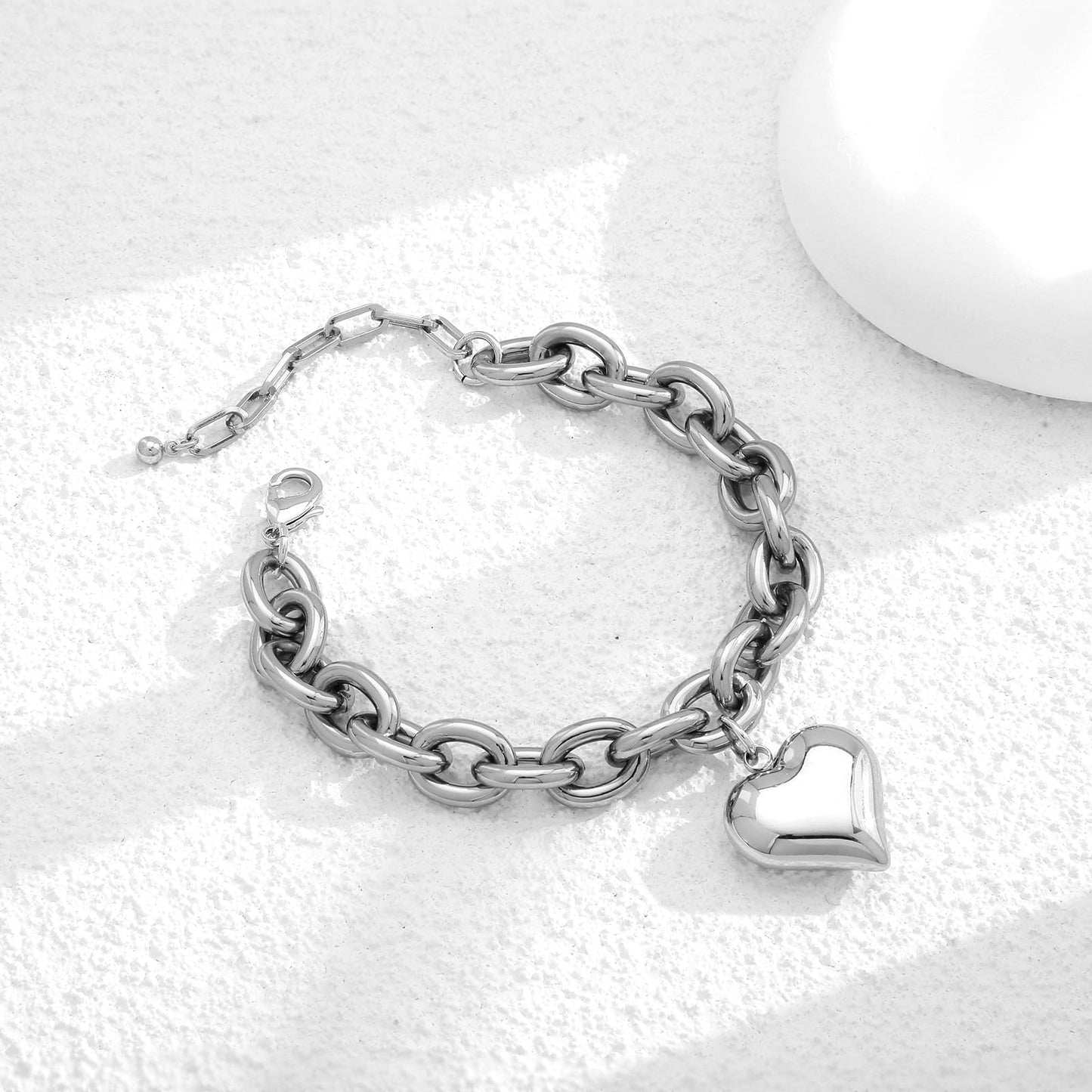 ENSKEFEN Puffy Heart Silver Charm Bracelets for Women Chunky Love Heart Link Chain Bracelets Adjustable White Gold Bangle Bracelet Stackable Jewelry