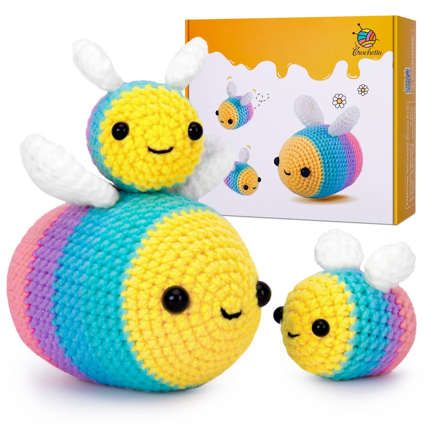 Crochetta Crochet Kit for Beginners, Beginner Crochet Starter Kit with Step-by-Step Video Tutorials, Beginner Crochet Kit for Adults Kids, Knitting Kit for Beginners, Bee Family (Yellow)