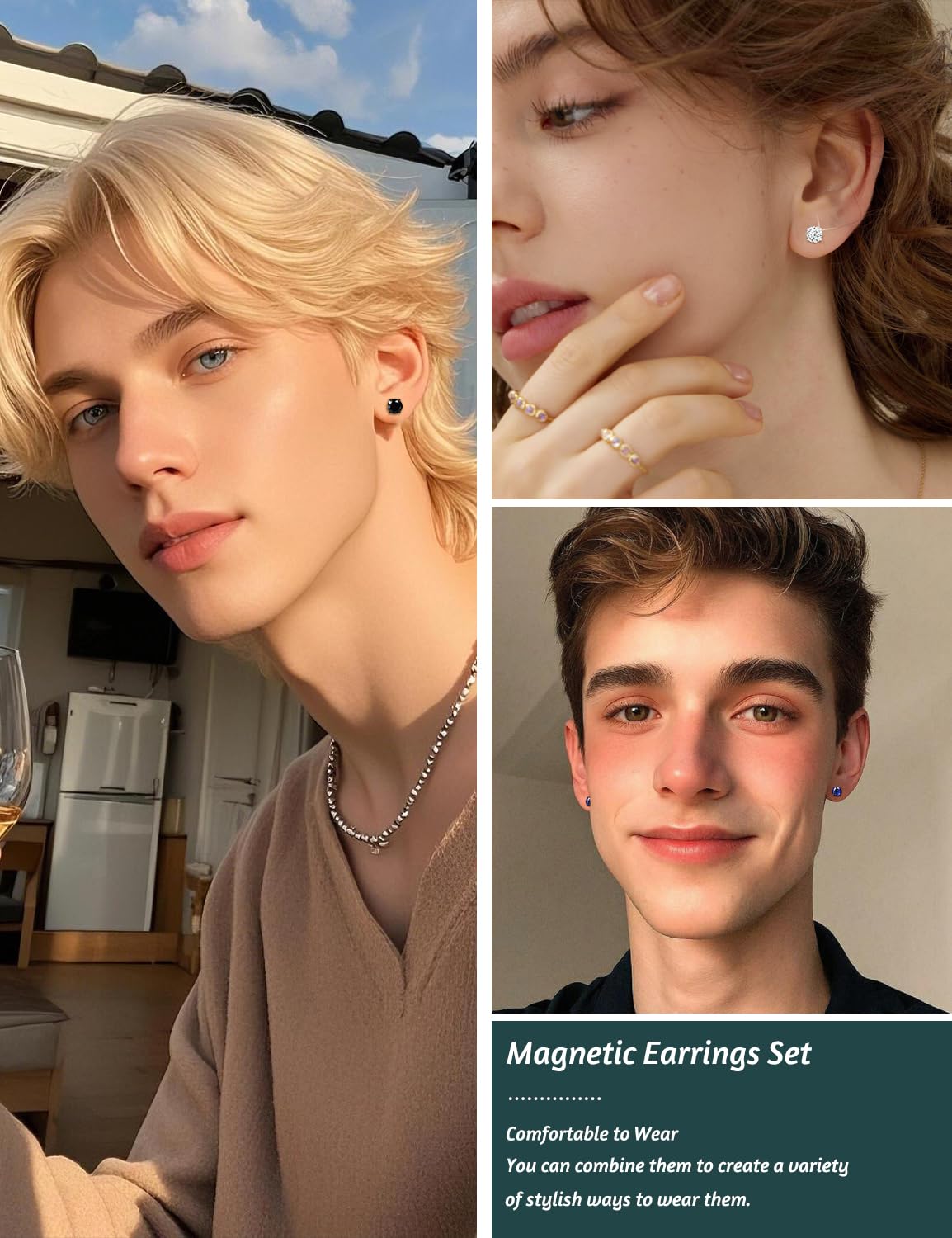 SIISPRI 4 Pairs Stainless Steel Magnetic Stud Earrings for Men Women Hypoallergenic Inlaid Cubic Zirconia Unisex Non-Piercing Clip On Stud Diamond Earrings Set