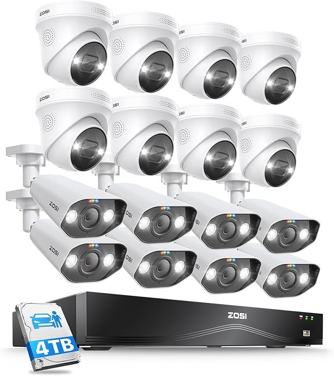 ZOSI 32 Channel 4K PoE Security Camera System,16x 8MP Outdoor Indoor Cameras,AI Human Vehicle Detection,Two-Way Talk,Color Night Vision,32CH 16 Port Commercial NVR 4TB HDD Surveillance for Business