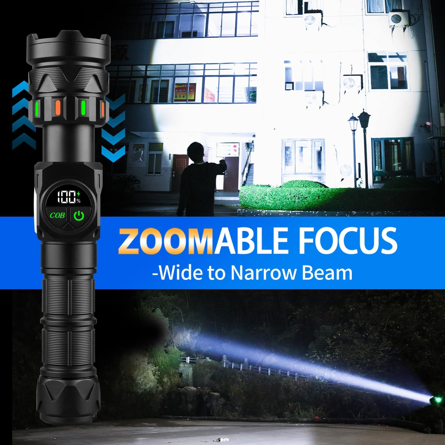 Rechargeable Flashlights High Lumens 5000 Long Distance, Super Bright LED Flash Lights with COB Sidelight USB C LCD Display, Daul Light Source & Buttons with Red Light, for Camping Hiking Emergency