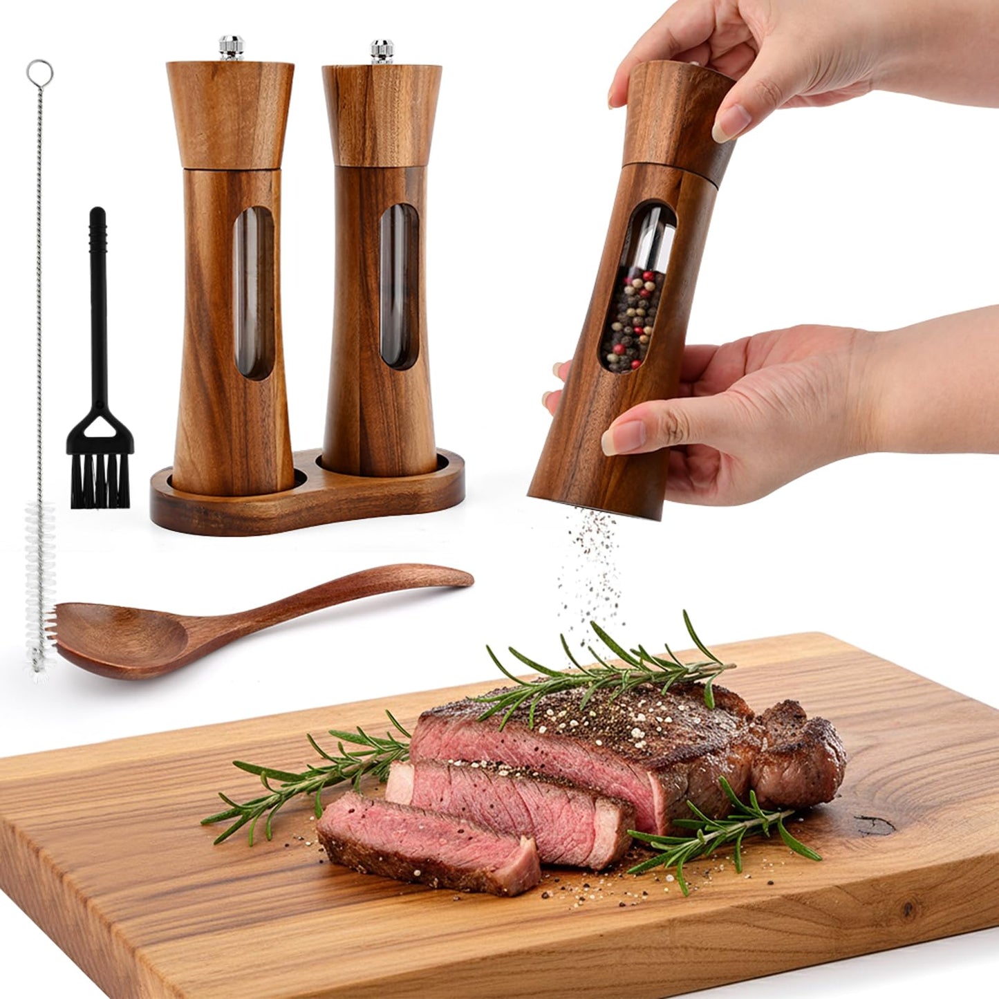 Wooden Salt and Pepper Grinder Set, Manual Spice Mills with Wooden Spoon, Cleaning Brush,Stable Base Plate,8 Inch Refillable Salt and Pepper Mills Adjustable Coarseness