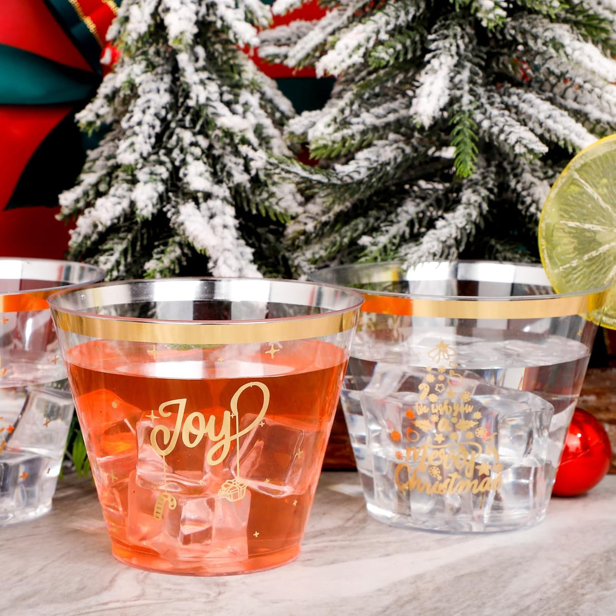 I00000 60 Pcs 9 oz Christmas Plastic Cups - Merry Christmas Party Cups - Gold Disposable Cups for Party Decoration - Cups Party Supply Drinkwear for Beer/Beverage/Snacks