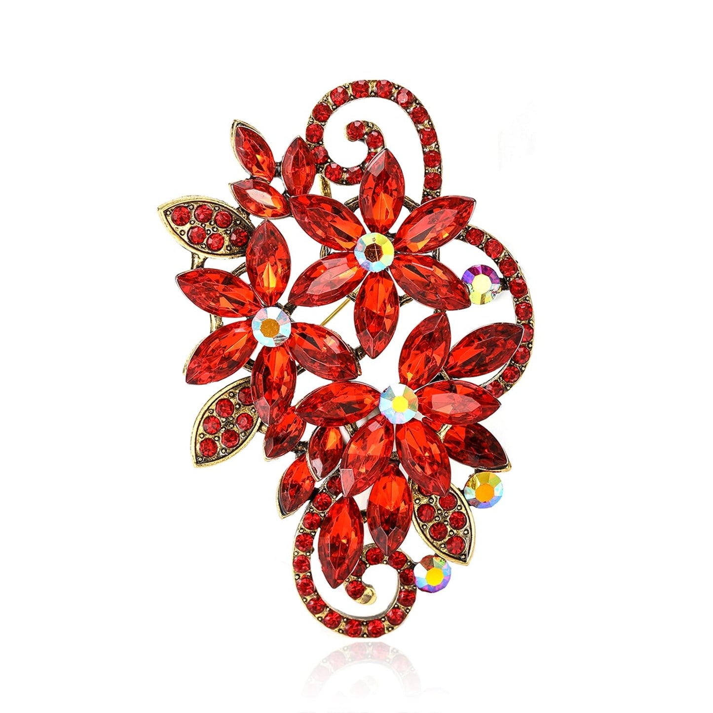 YOQUCOL Vintage Red Austrian Crystal Rhinestone Flower Shape Brooch Pin For Women