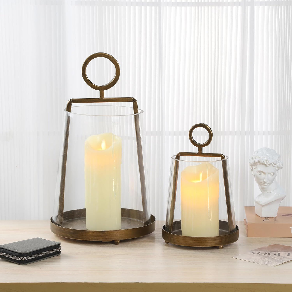 6" Wide Modern Farmhouse Metal Hurricane Candle Holder with Handmade Sturdy Glass Sleeve in Antique Brass for Pillar Candle & Plants, Hurricane Lantern, Industrial, Minimalistic (1, Brass, 6"x10")