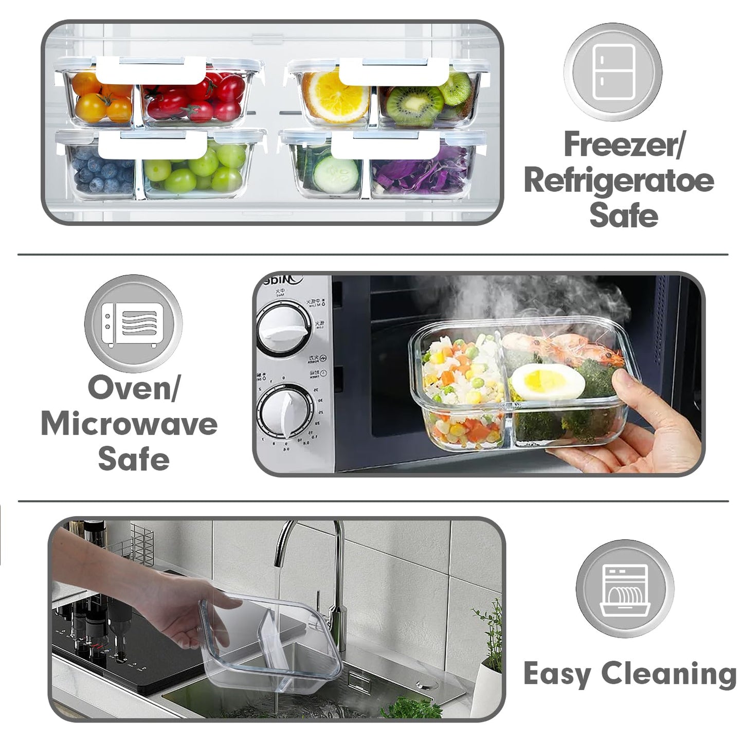 VERONES 10 Pack Glass Meal Prep Containers 2 Compartment Set, 30 OZ Airtight Glass Lunch Containers, Glass Food Storage Containers with Lids, for Microwave, Oven, Freezer & Dishwasher Friendly，White