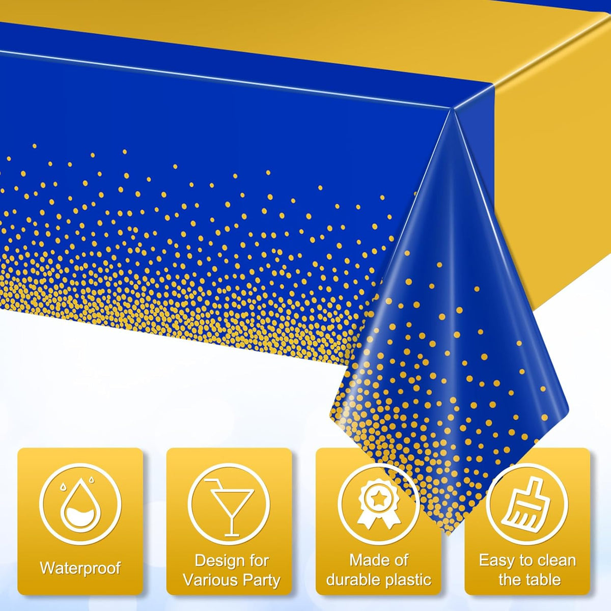 12Pcs Blue Gold Tablecloth Party Decorations,Plastic Royal Blue Table Cloth Printed Gold Tables Runner Disposable Rectangle Table Cover for Birthday Anniversary Wedding Graduation Party,54 x108 Inch