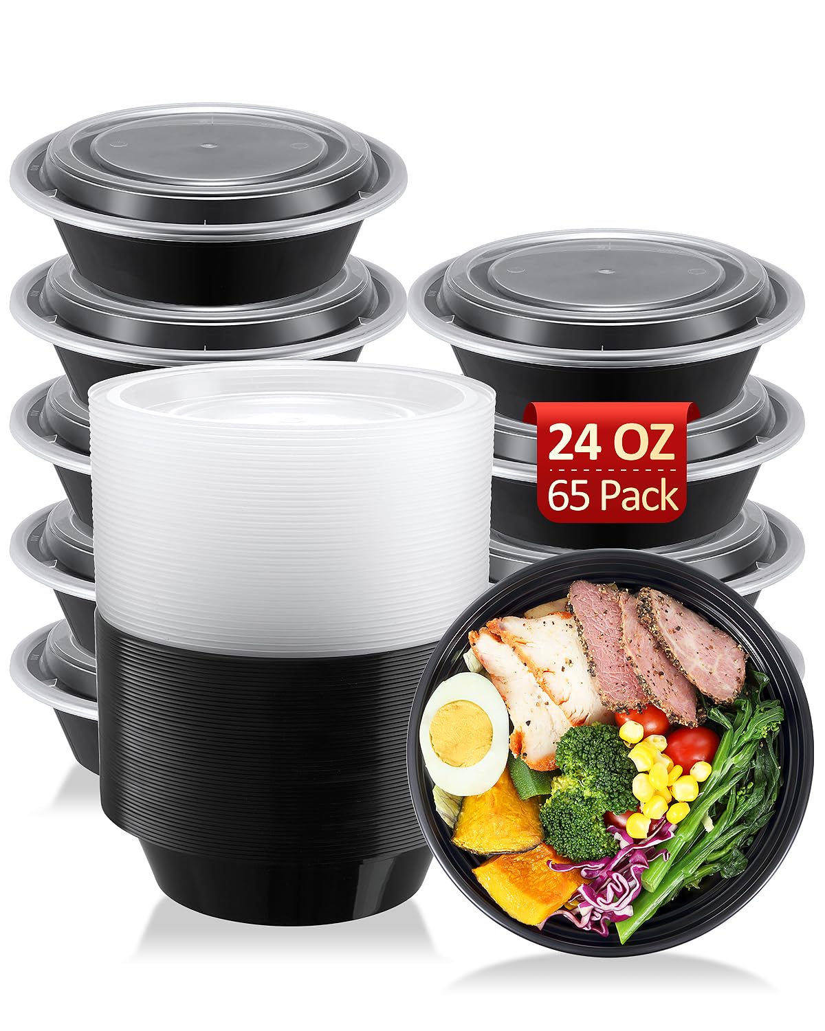 SHOPDAY Meal-Prep-Containers-65 Pack 24 oz Plastic-Food-Storage-Containers-with-Lids, Disposable-Food-Prep-Containers-Microwave-Safe, Meal-Prep-Bowls-Reusable, To-Go-Contianers-for-Lunch