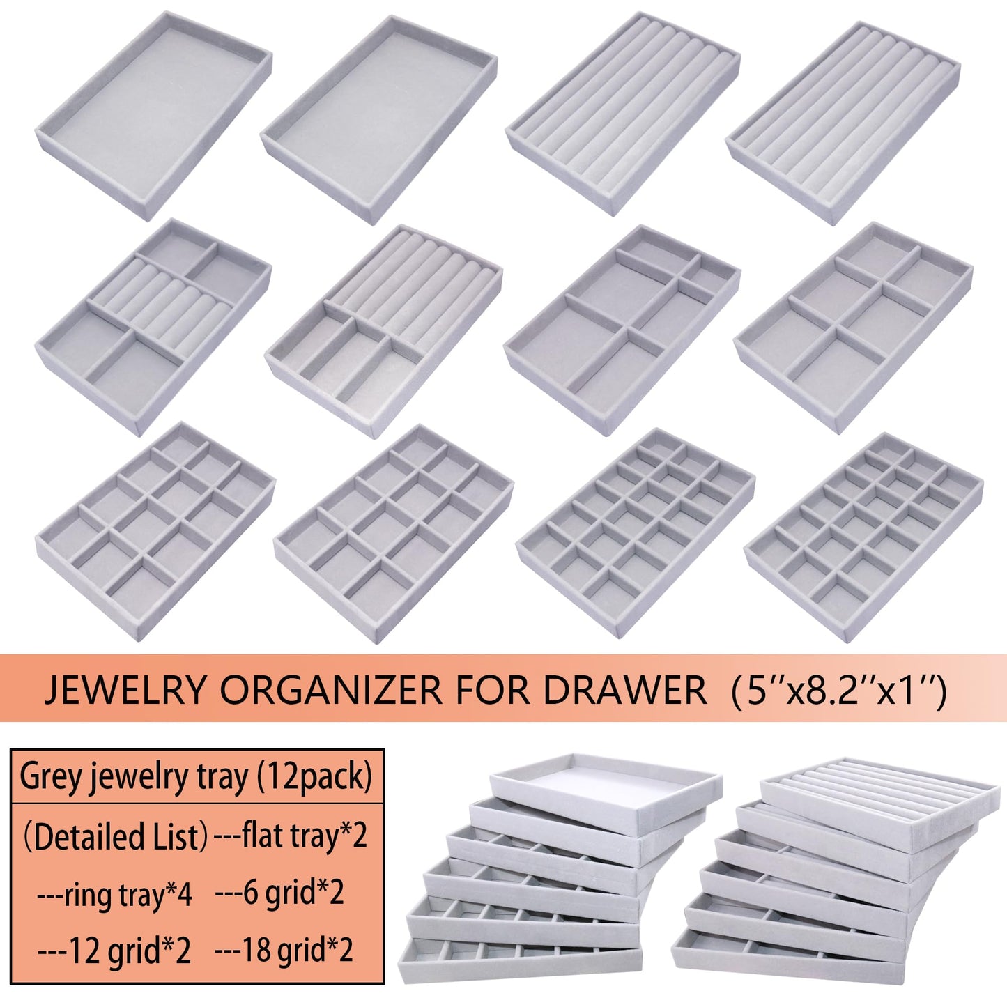MINIBIGBOX 12 Set Jewelry Organizer Trays Stackable Jewelryy Display Case Storage Box for Earring Necklace Rings Bracelet Watch