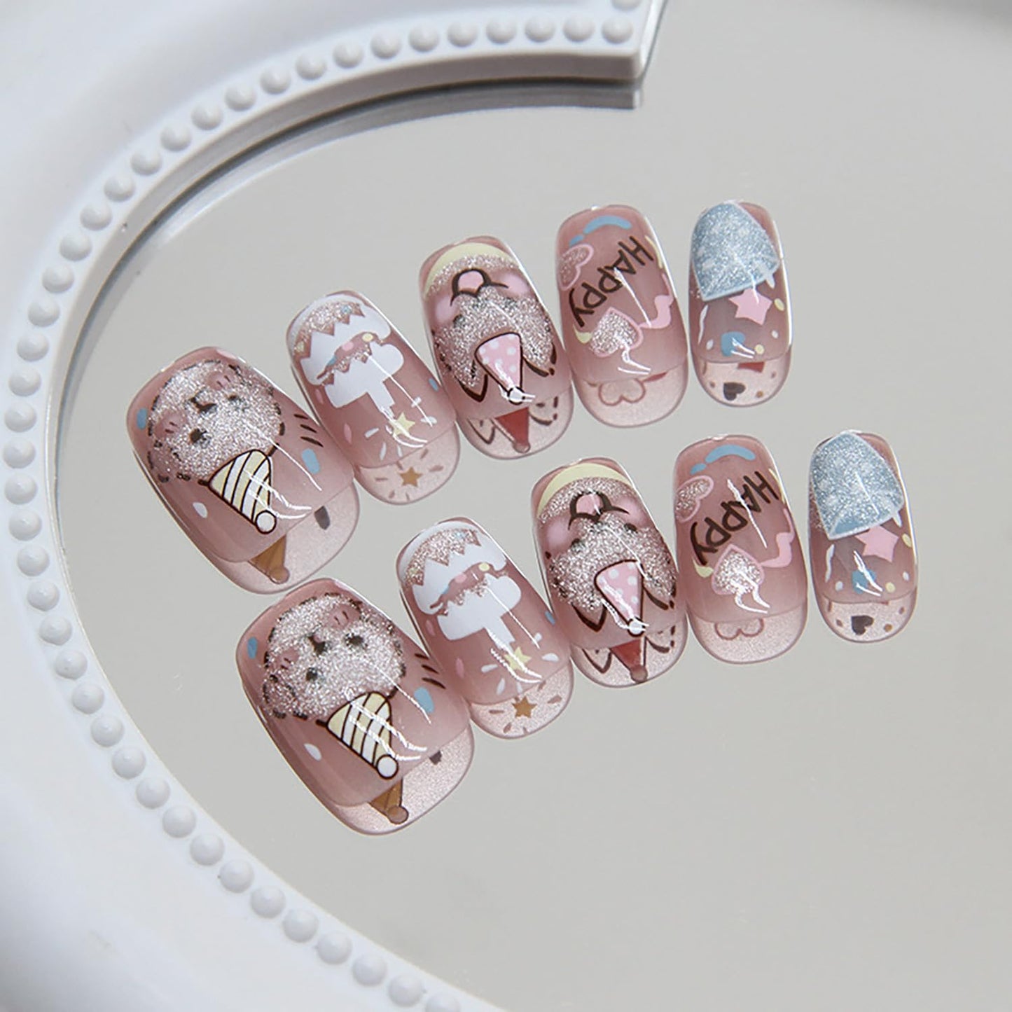 EYZOTSF Press on Nails Square Short Length Acrylic Glossy Full Cover Cute False Nails with Dog Cake Designs Artificial Extra Short Square Shaped Fake Nails Glue ons Fingernails for Women Girls