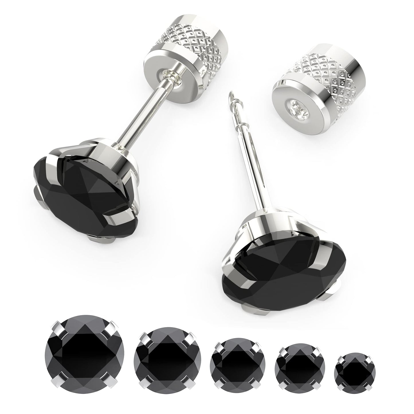 5 pairs Push-in Flat Back Stud Earrings Hypoallergenic Surgical Stainless Steel Cubic Zirconia Earrings Studs Set Multi-Pack, CZ Stud Earrings for Women Men Trendy Cartilage Earrings 4-8mm(black)