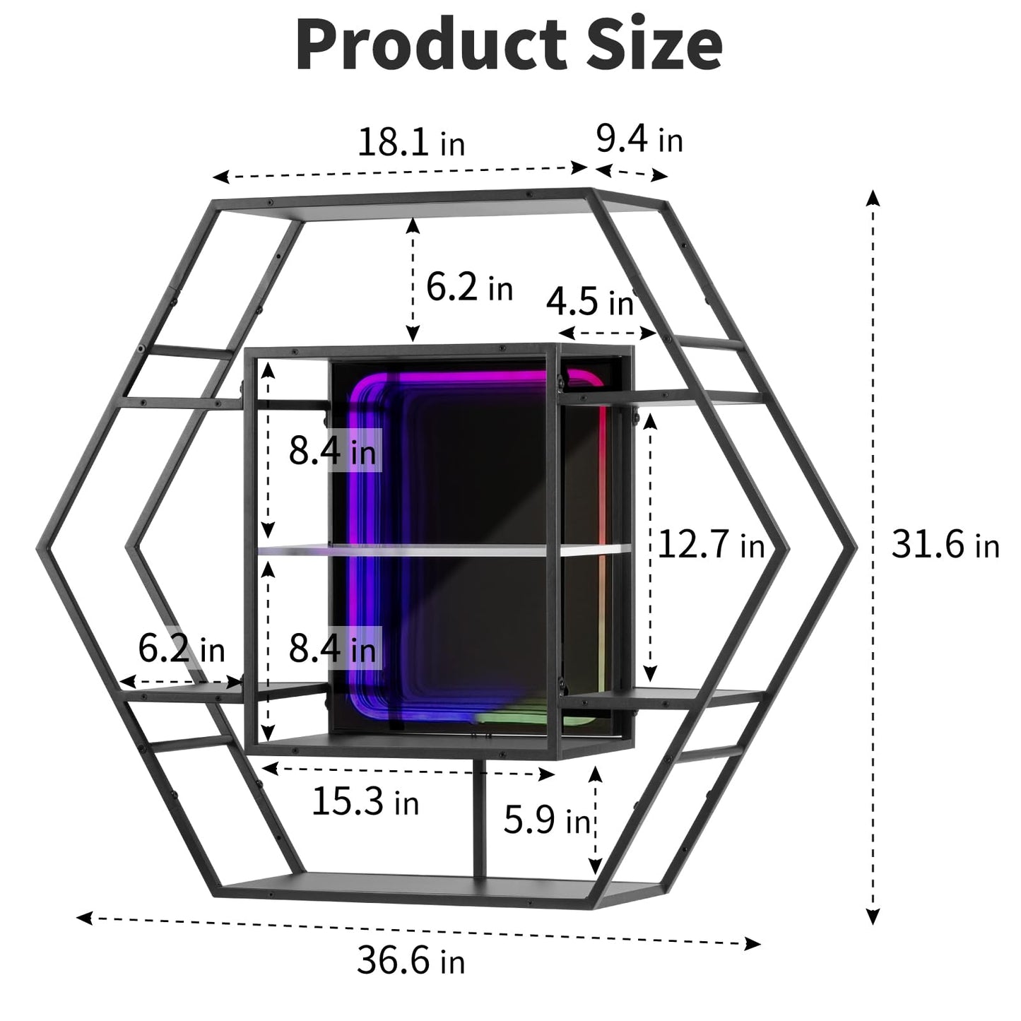 FUSLITE Infinity Mirror Gaming Floating Shelves with LED Lights, Hexagon Wall Mounted LED Shelf with RGB App Control, 36.6" Large Display Rack for Gaming Room Decor, Action Figures, Collectibles