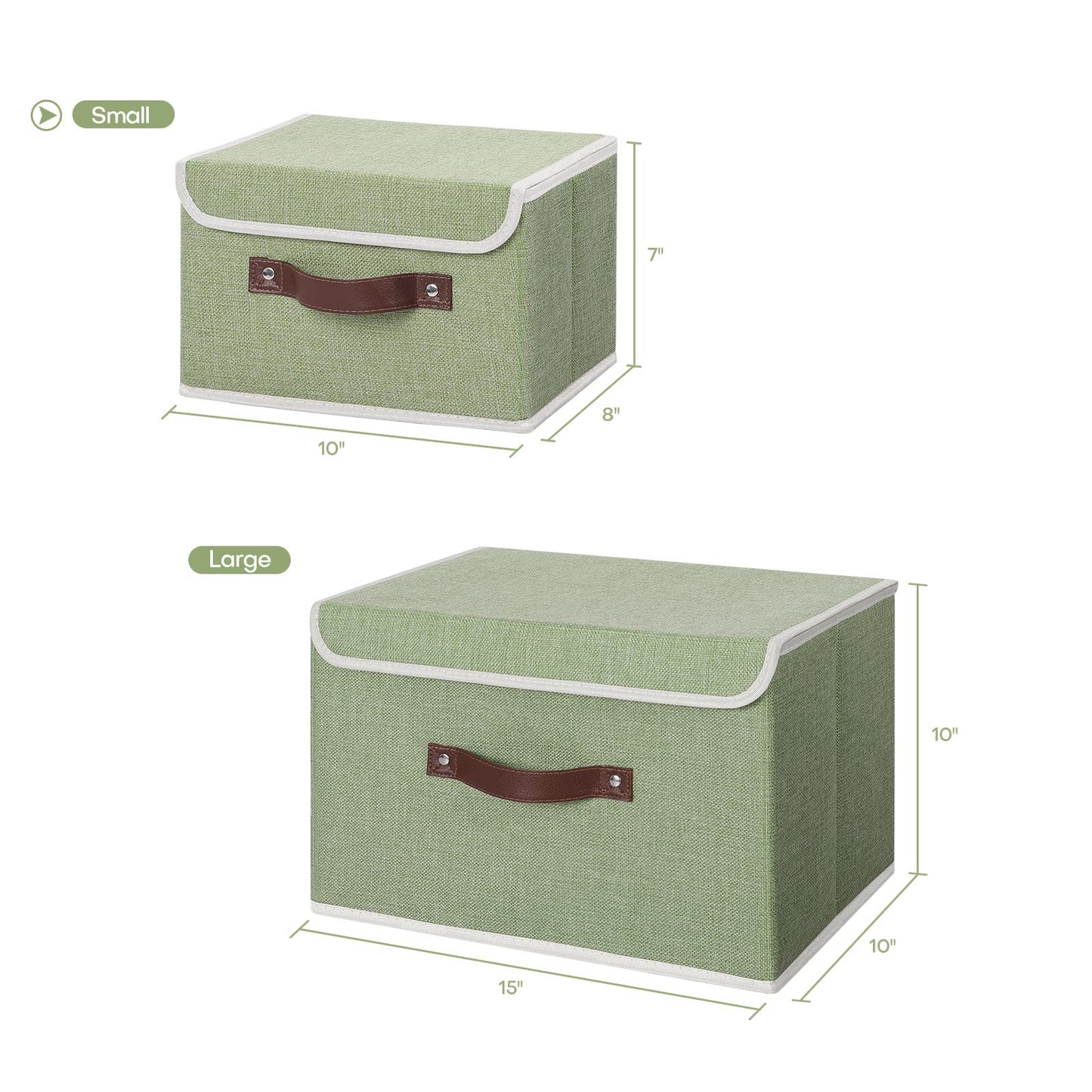 ANMINY Storage Bin with Lid Storage Boxes with PU Leather Handles PP Plastic Board Decorative Foldable Lidded Cotton Linen Fabric Home Cubes Baskets Closet Organizer Container - Green, Small Size