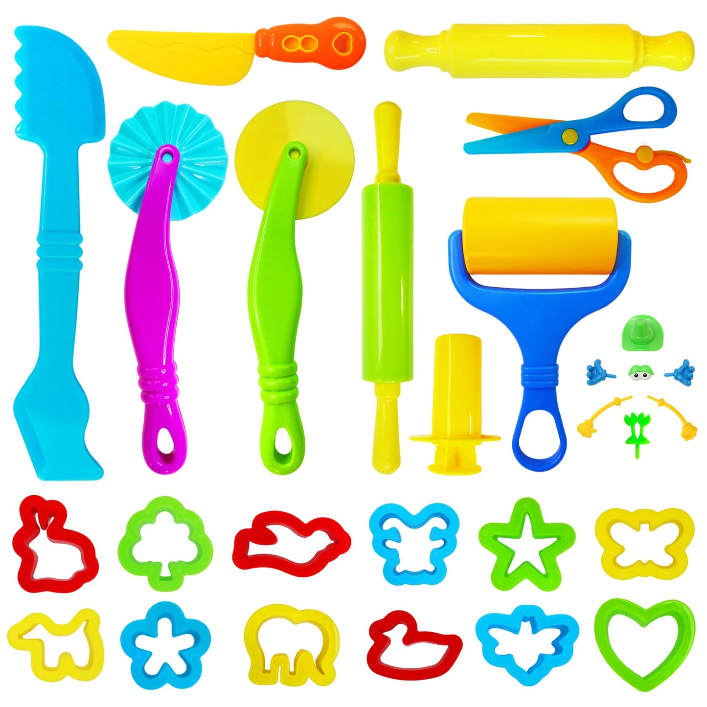28Pcs Dough and Clay Play Tools Kit for Kids, Modeling Clay Accessories with Animal Cutters, Rolling Pins, Safety Scissors, Dough Extruder & Rollers