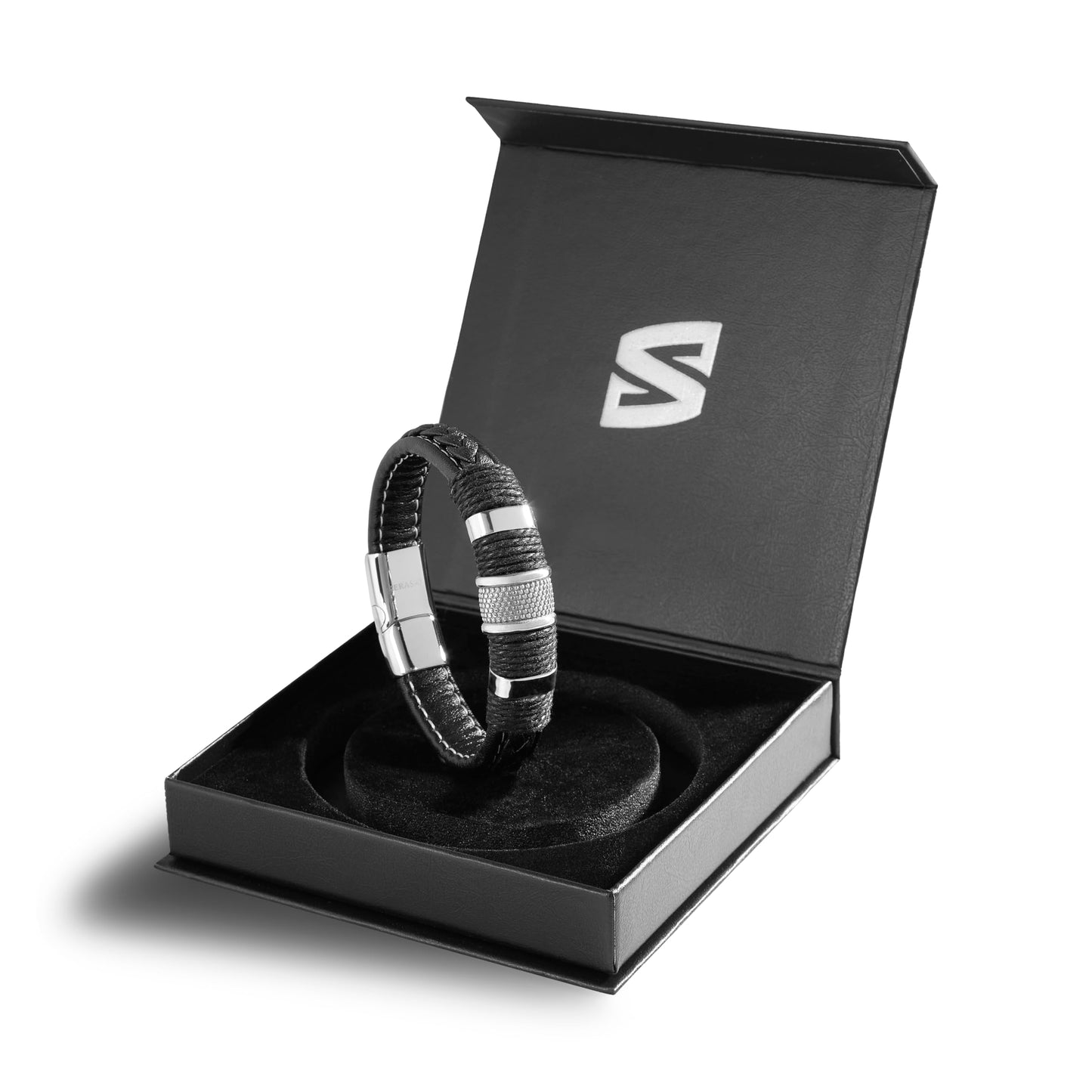 SERASAR Mens Silver Bracelets 23cm Bracelet Men Gift Box Genuine Leather Cowhide Braided Magnetic Clasp Multi Layer Wrap Rope Man Mans Male Band Jewelry Magnet Accessories
