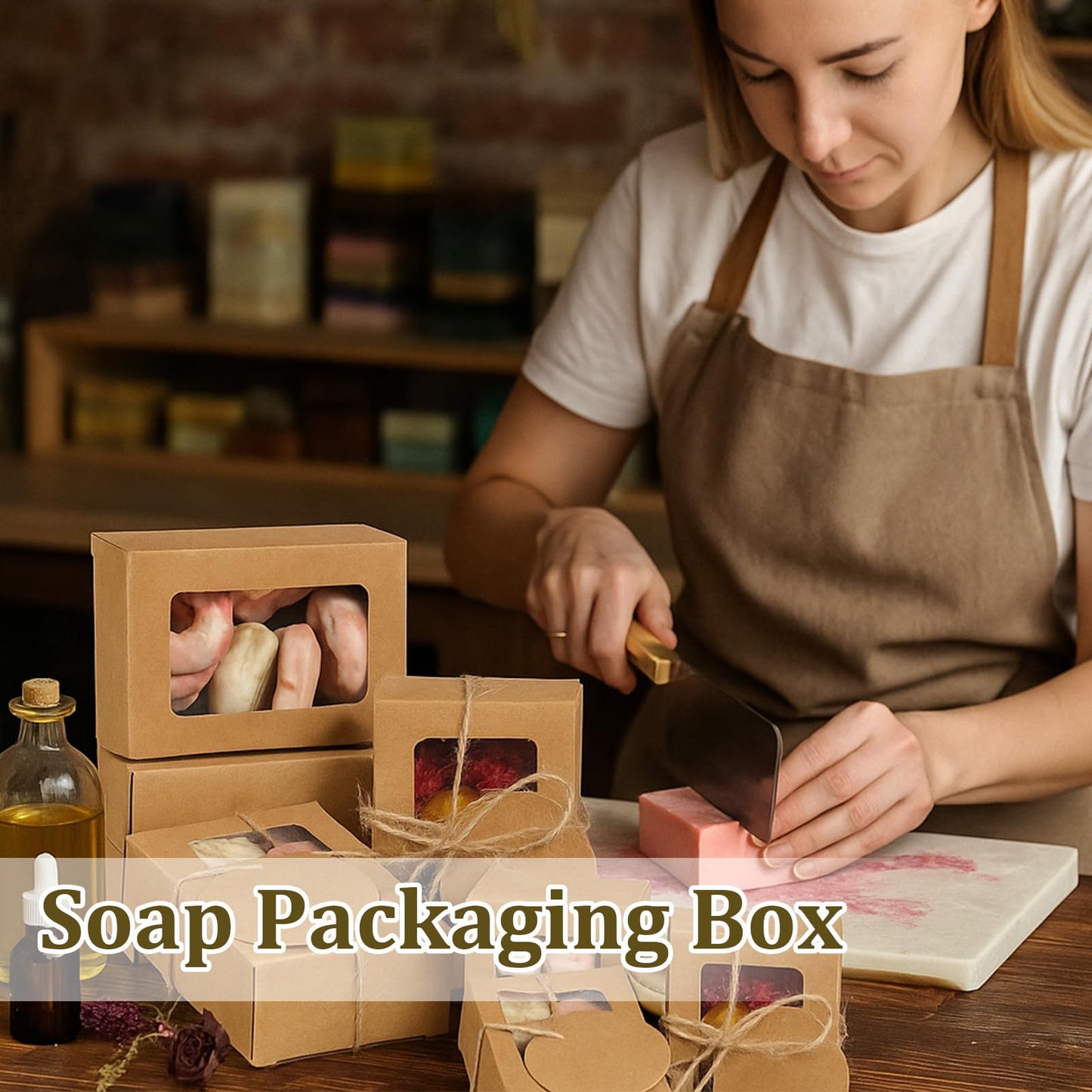 100 Pcs Soap Boxes for Handmade Soap, 3.35 x 2.36 x 1.18 Inch Kraft Paper Soap Packaging Boxes with Clear Window Small Rectangular Gift Wrapping Box for Bakery Candy Cookies Chocolate Party Favors