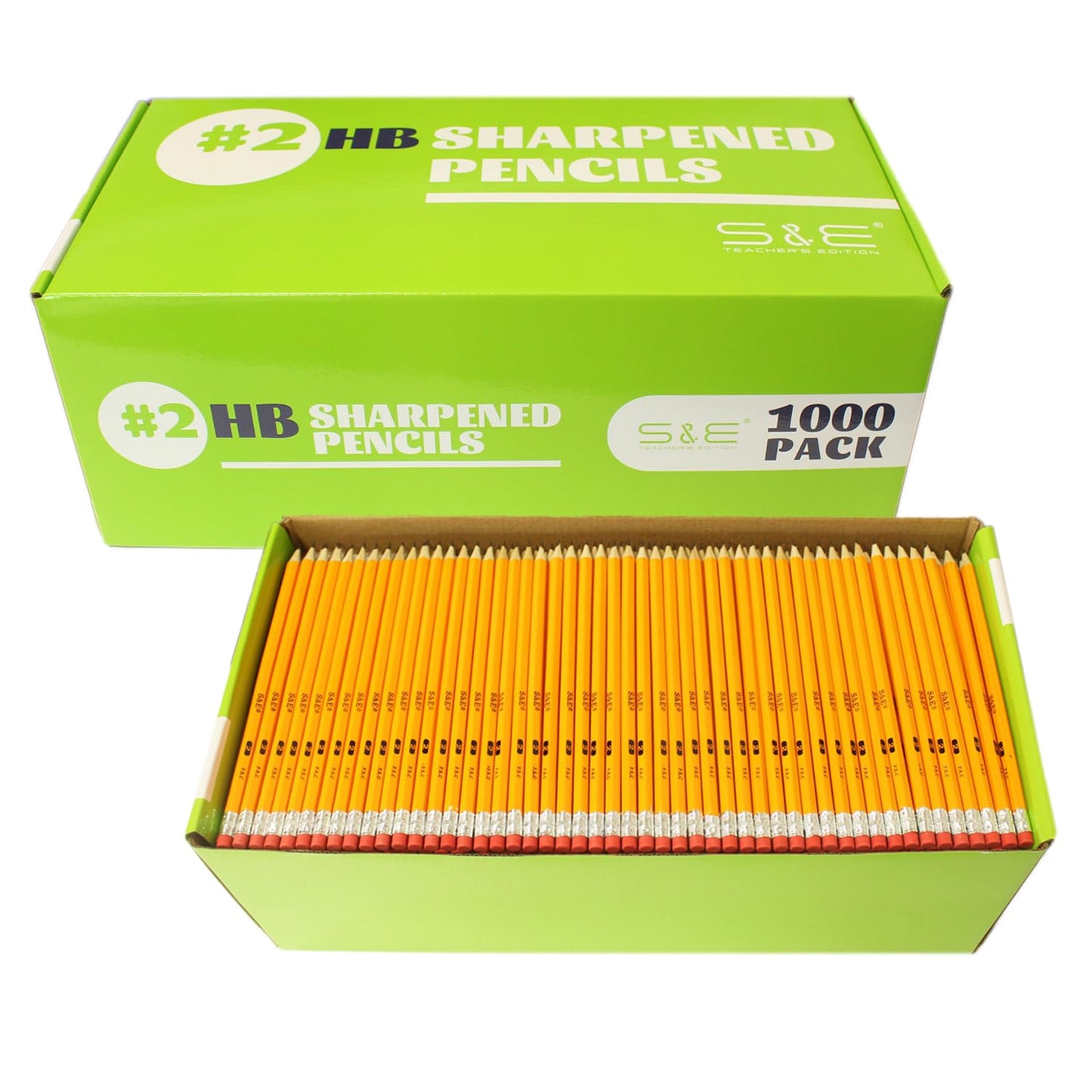 S & E TEACHER'S EDITION Woodcased #2 Pencils, Pre-sharpened, Yellow Pencils with Erasers #2 HB Lead Bulk Box, No. 2, Back to school, 1000Pcs